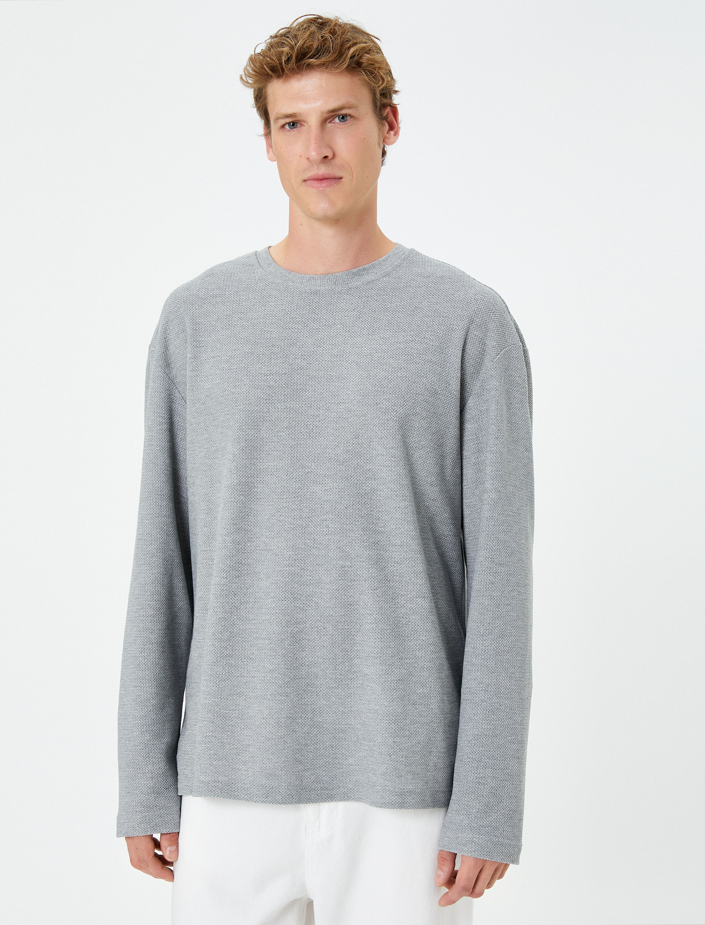   Basic Kazak Bisiklet Yaka Dokulu Uzun Kollu