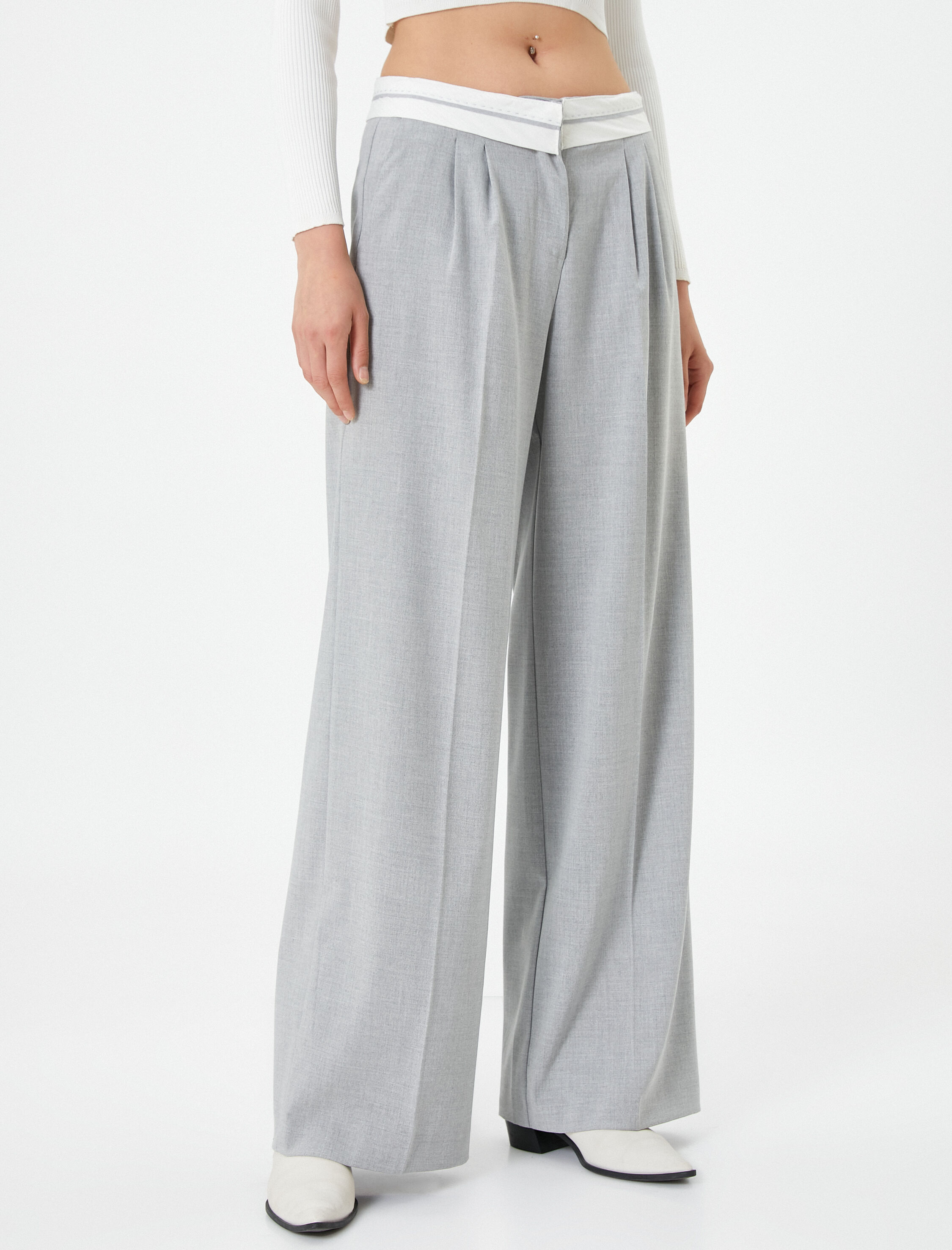 Palazzo Pantolon Pile Detaylı Cepli Normal Düz Paça