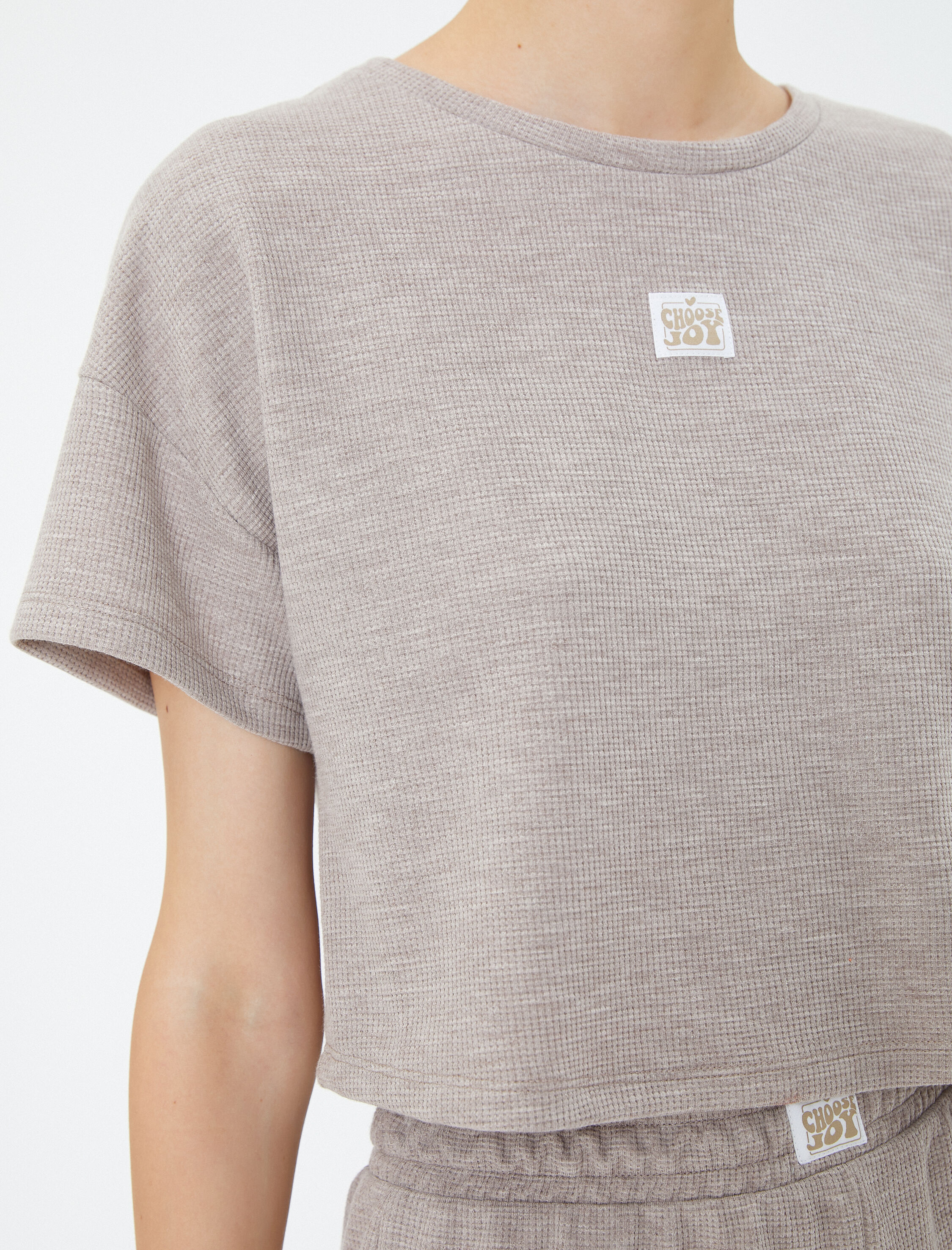   Crop Pijama Üst Dokulu Kısa Kollu Bisiklet Yaka