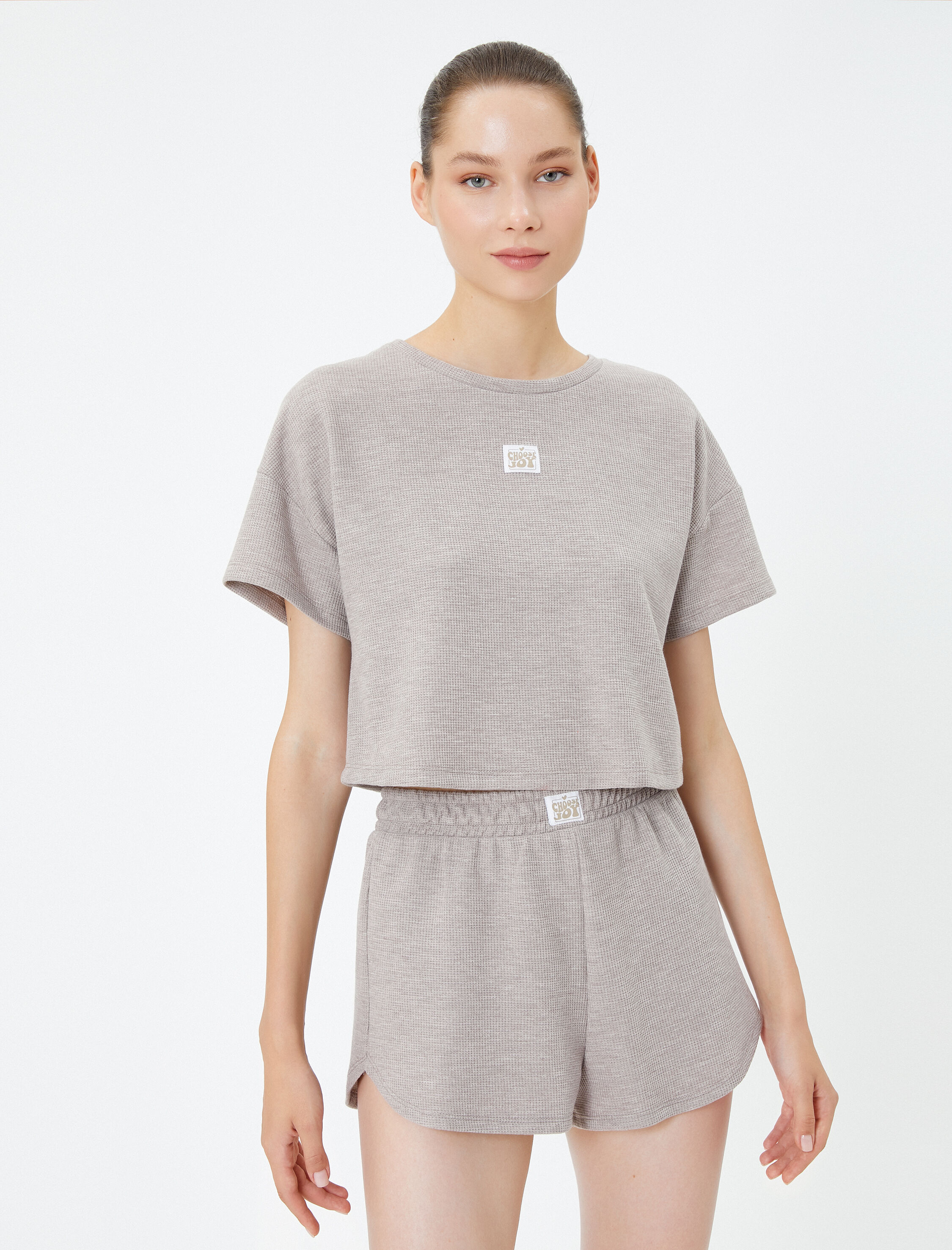   Crop Pijama Üst Dokulu Kısa Kollu Bisiklet Yaka