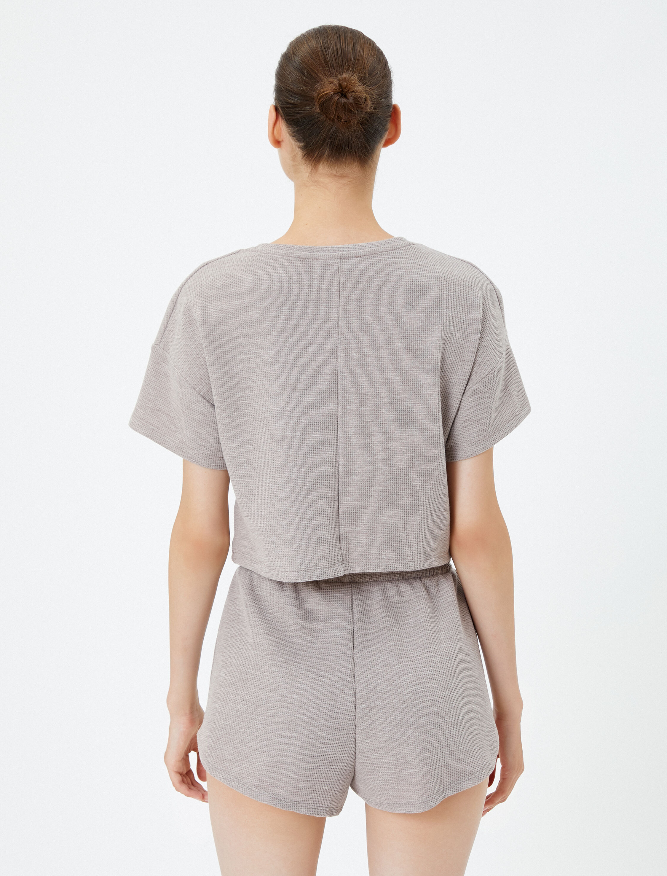   Crop Pijama Üst Dokulu Kısa Kollu Bisiklet Yaka