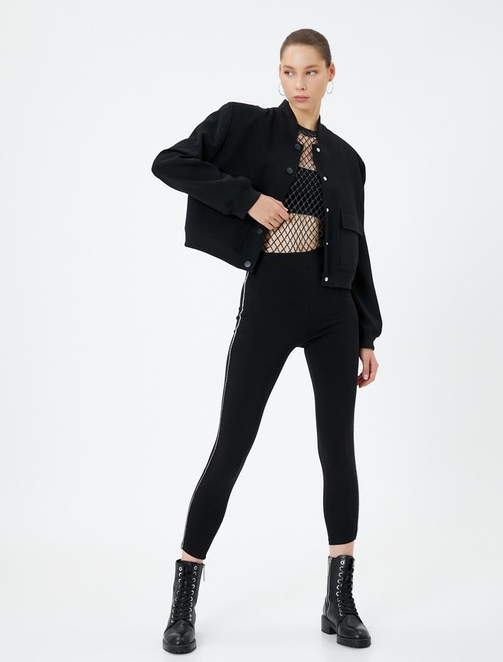  Kısa Paça Tayt İnce Şerit Detaylı Viskoz Kumaş Karışımlı