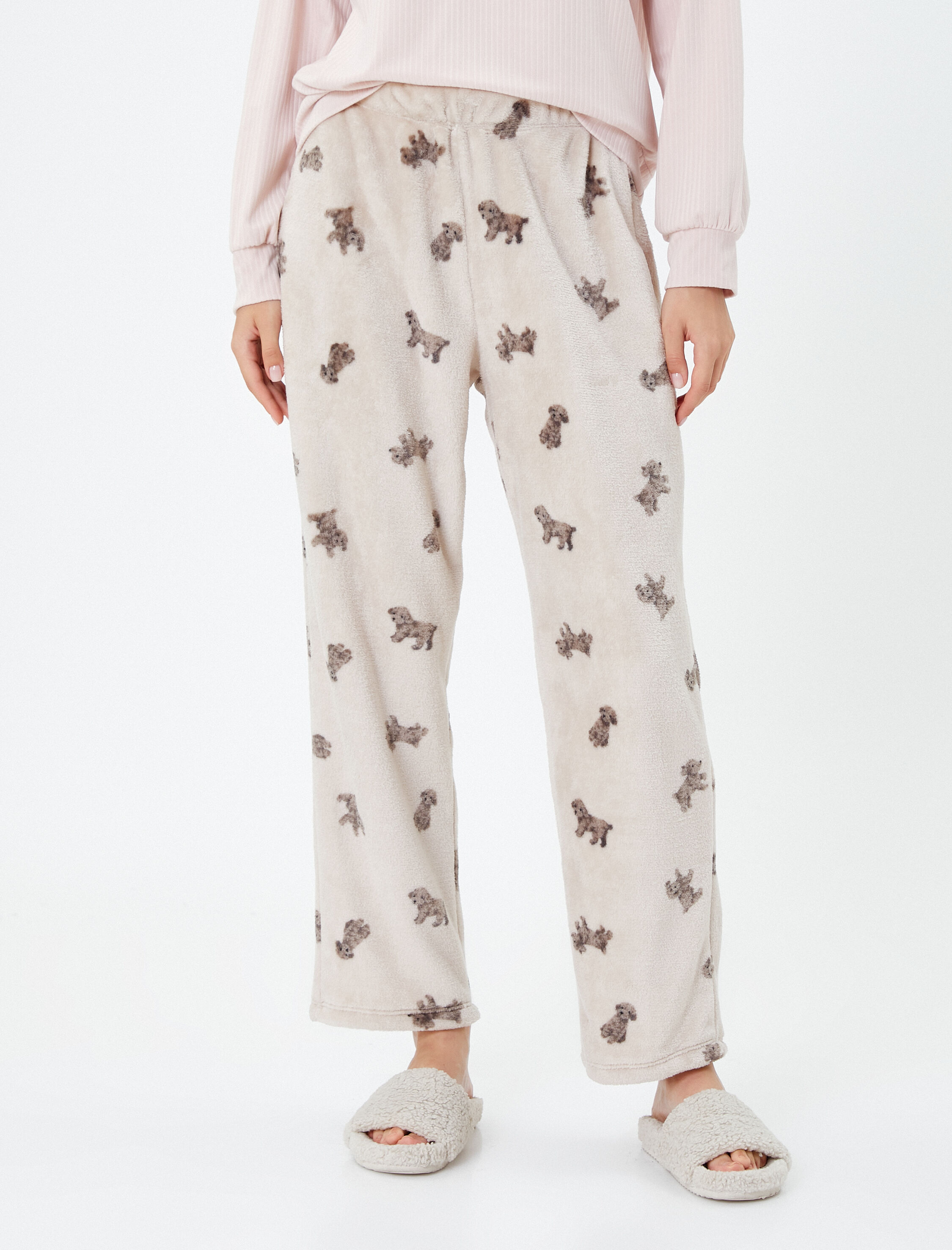   Peluş Pijama Altı Geniş Paça Rahat Kesim Köpek Baskılı