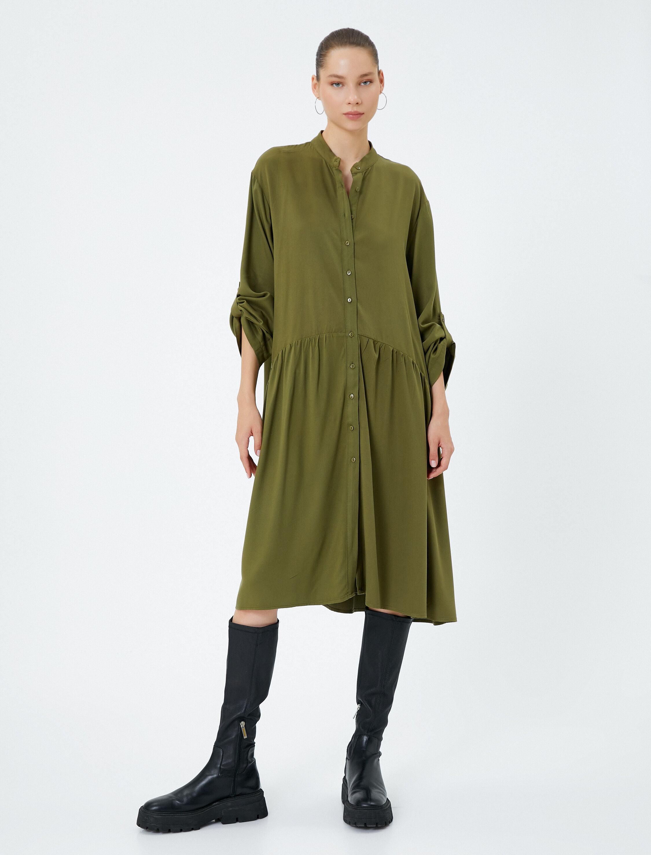   Midi Gömlek Elbise Dik Yaka Kolları Katlanabilir Uzun Kollu Viskon Kumaş