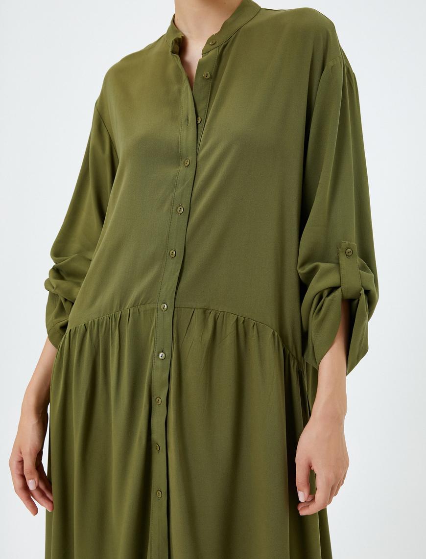   Midi Gömlek Elbise Dik Yaka Kolları Katlanabilir Uzun Kollu Viskon Kumaş