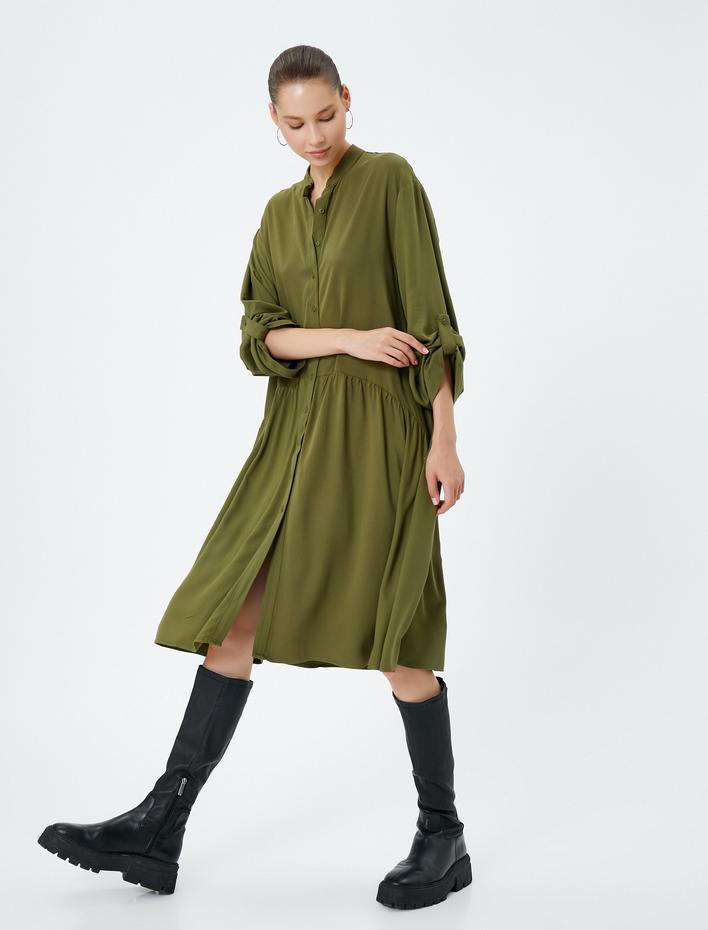  Midi Gömlek Elbise Dik Yaka Kolları Katlanabilir Uzun Kollu Viskon Kumaş