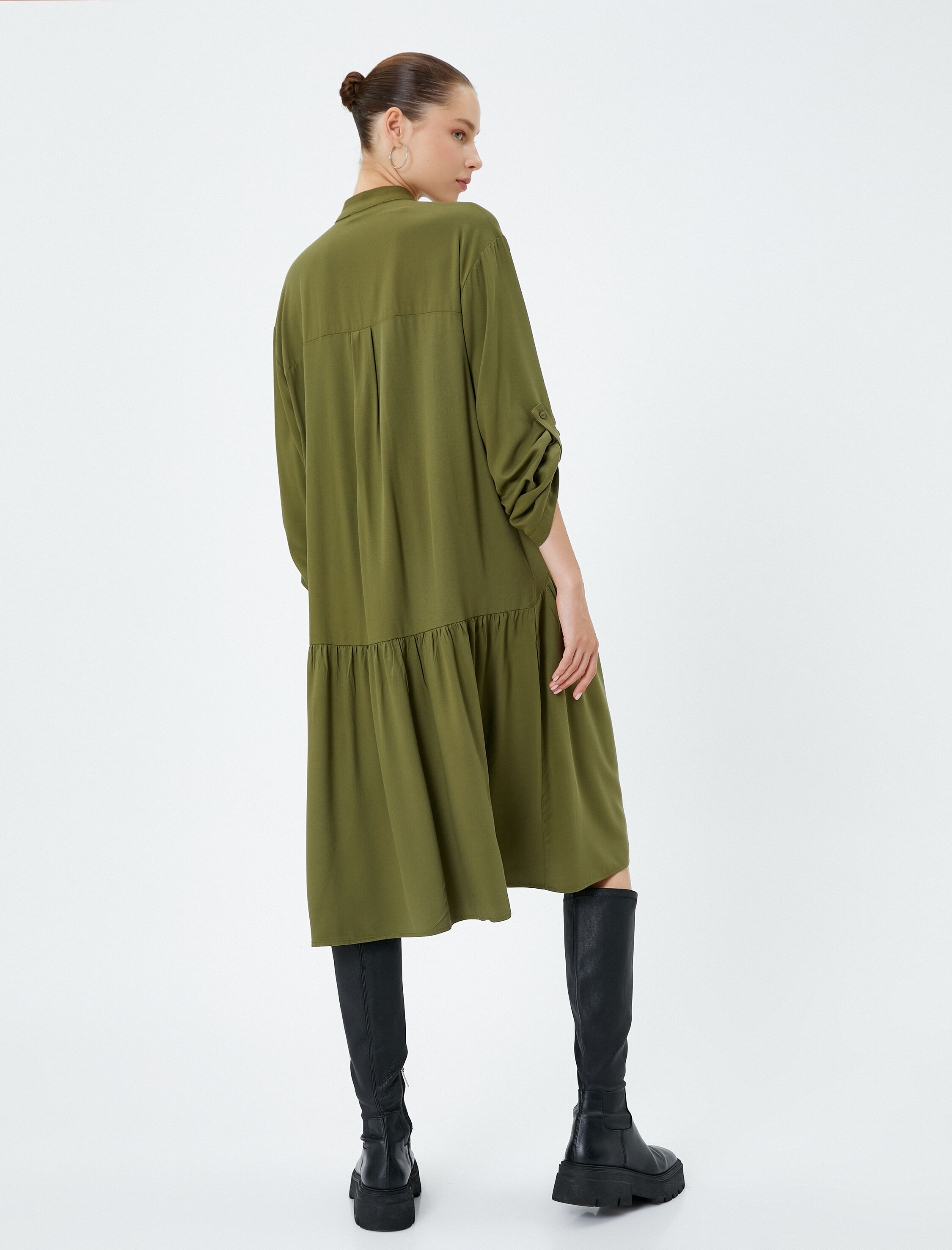   Midi Gömlek Elbise Dik Yaka Kolları Katlanabilir Uzun Kollu Viskon Kumaş