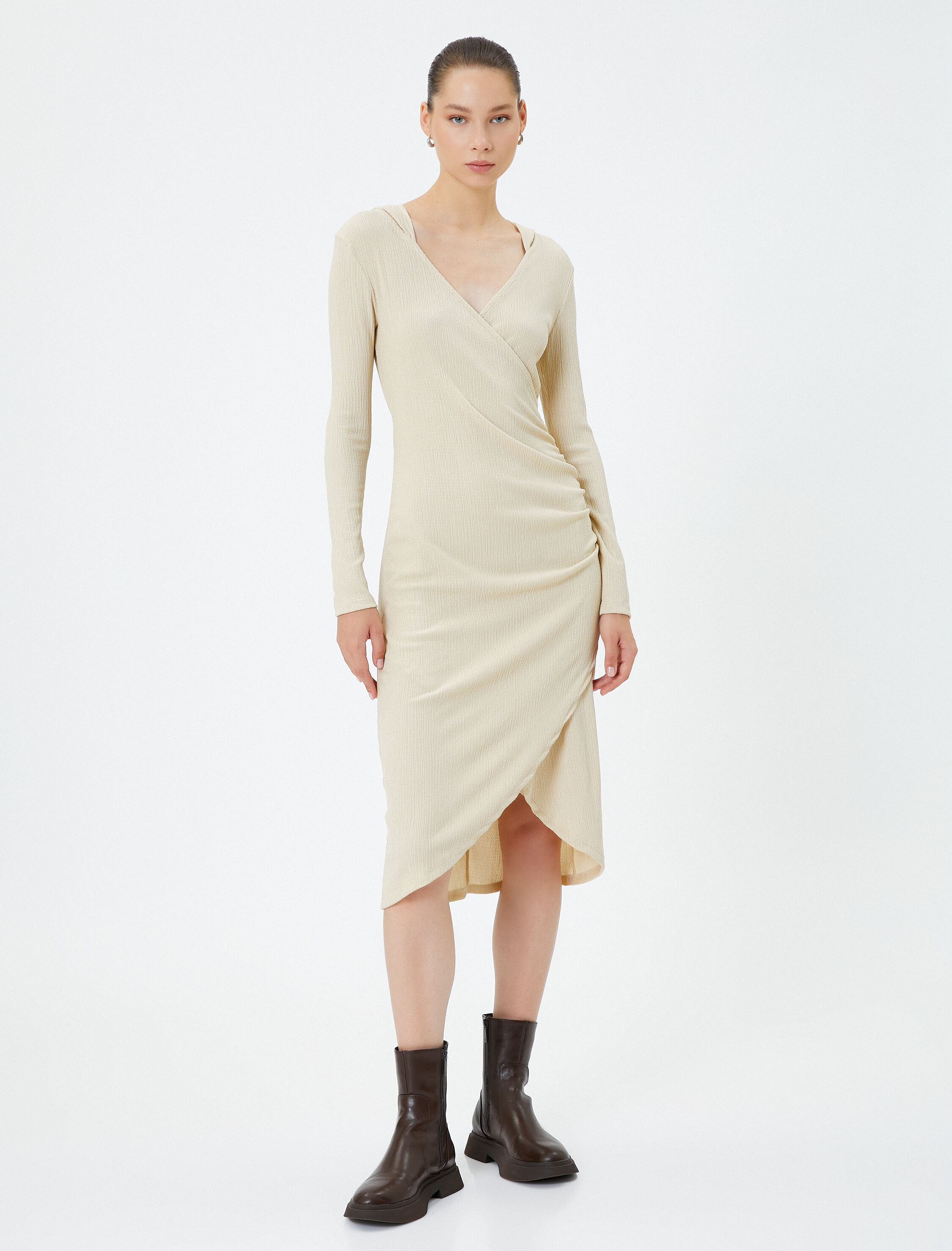   Kruvaze Midi Kapşonlu Elbise Uzun Kollu V Yaka Asimetrik Kesim Bürümcük