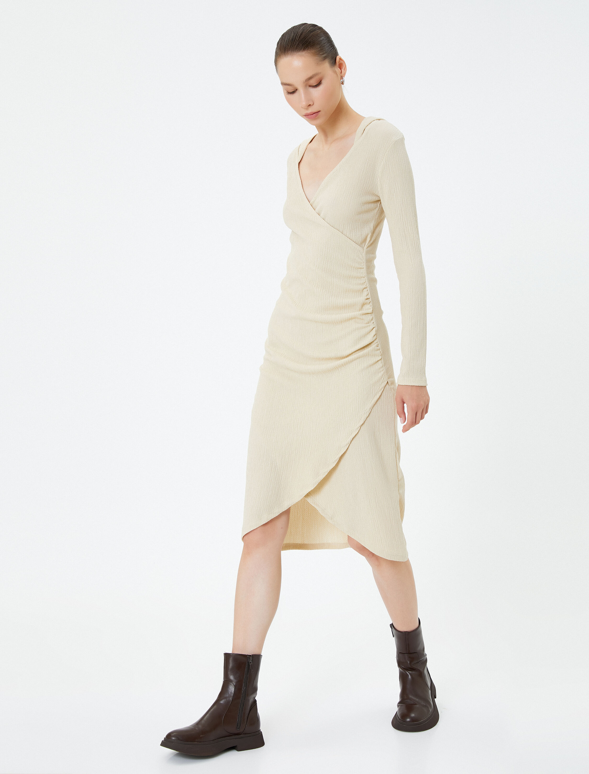   Kruvaze Midi Kapşonlu Elbise Uzun Kollu V Yaka Asimetrik Kesim Bürümcük