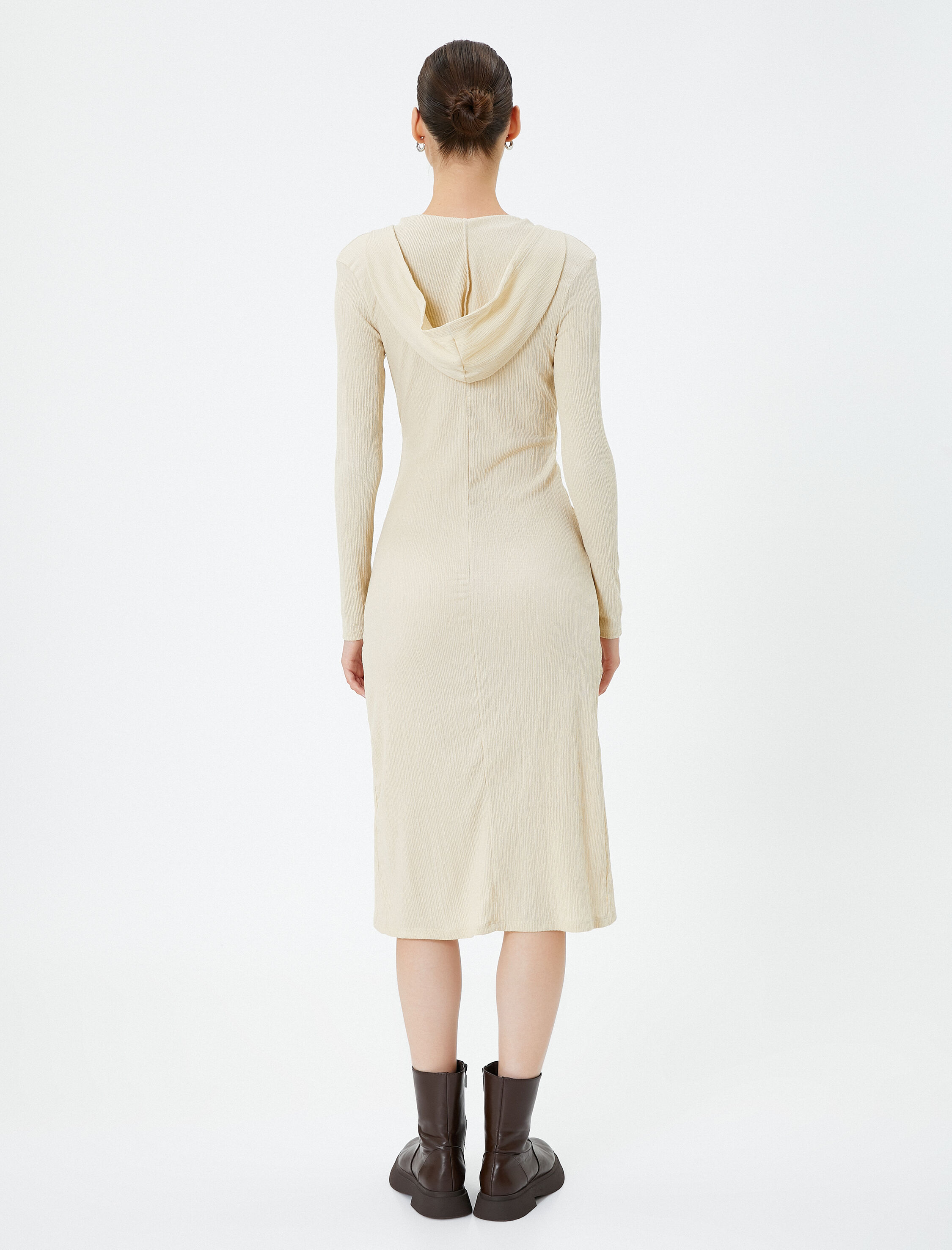   Kruvaze Midi Kapşonlu Elbise Uzun Kollu V Yaka Asimetrik Kesim Bürümcük