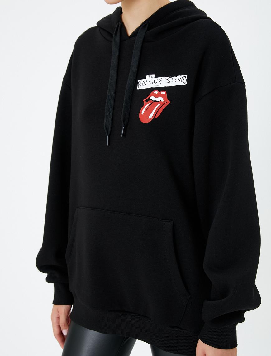   The Rolling Stones Kapşonlu Oversize Sweatshirt Lisanslı Arkası Baskılı Şardonlu Kanguru Cepli