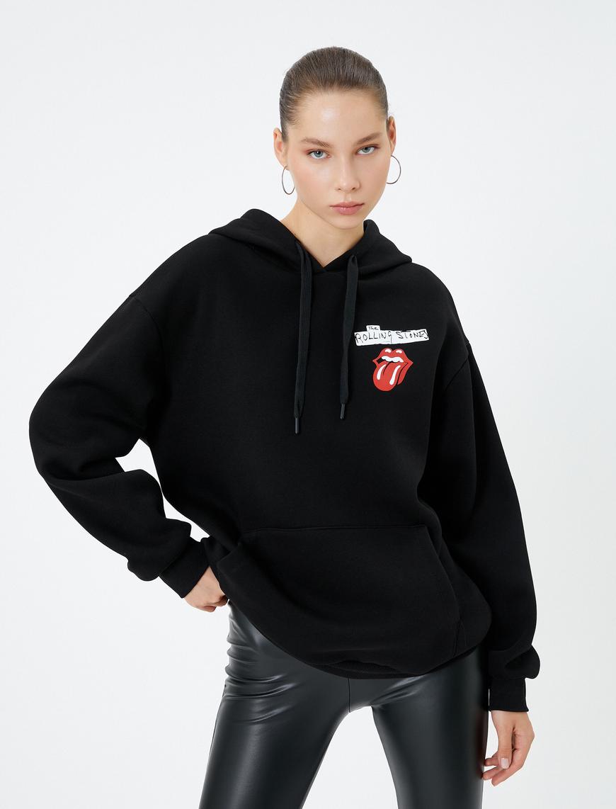   The Rolling Stones Kapşonlu Oversize Sweatshirt Lisanslı Arkası Baskılı Şardonlu Kanguru Cepli