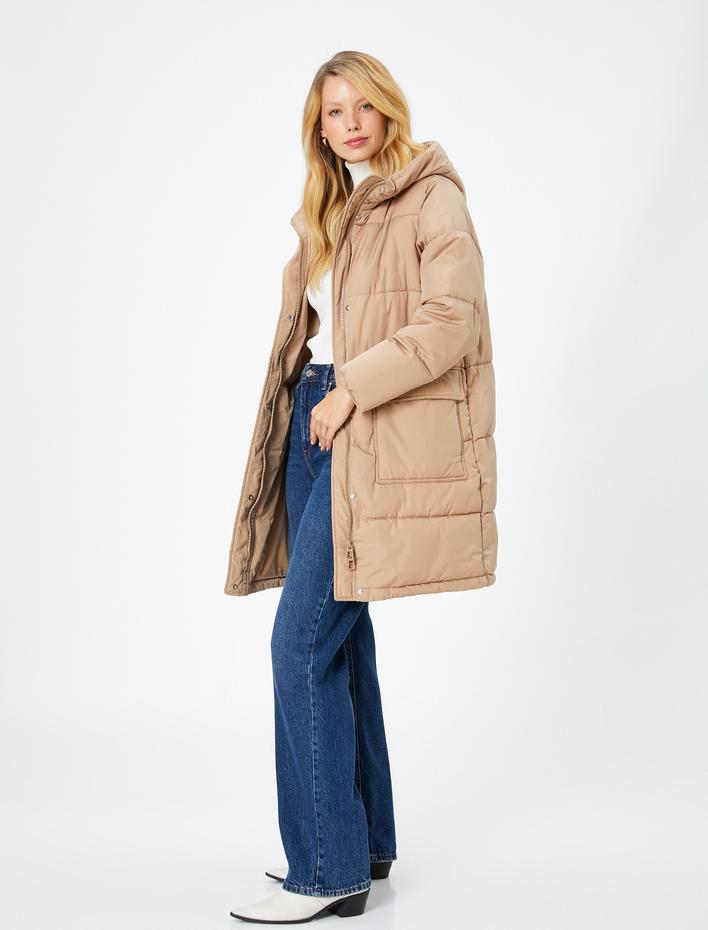  Uzun Şişme Mont Fermuarlı Kapüşonlu Kapaklı Cepli