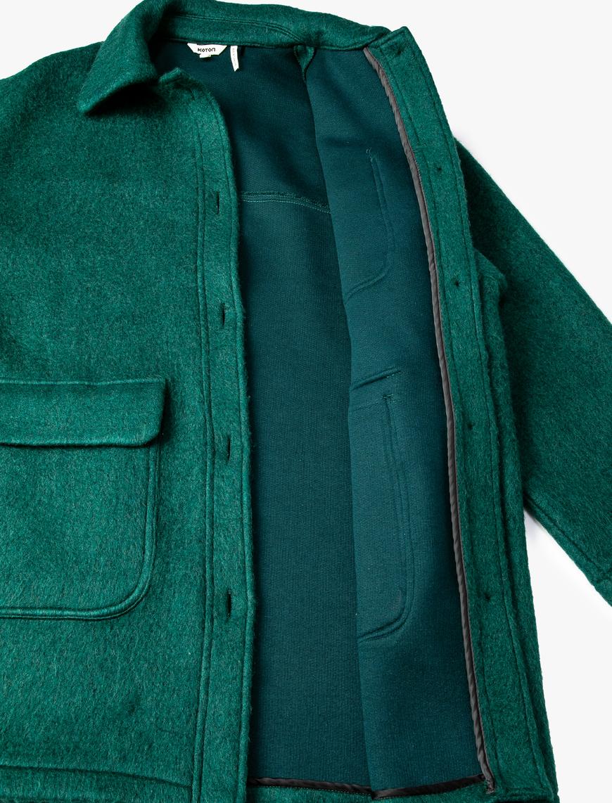   Oversize Kaşe Kaban Cep Detaylı Düğmeli