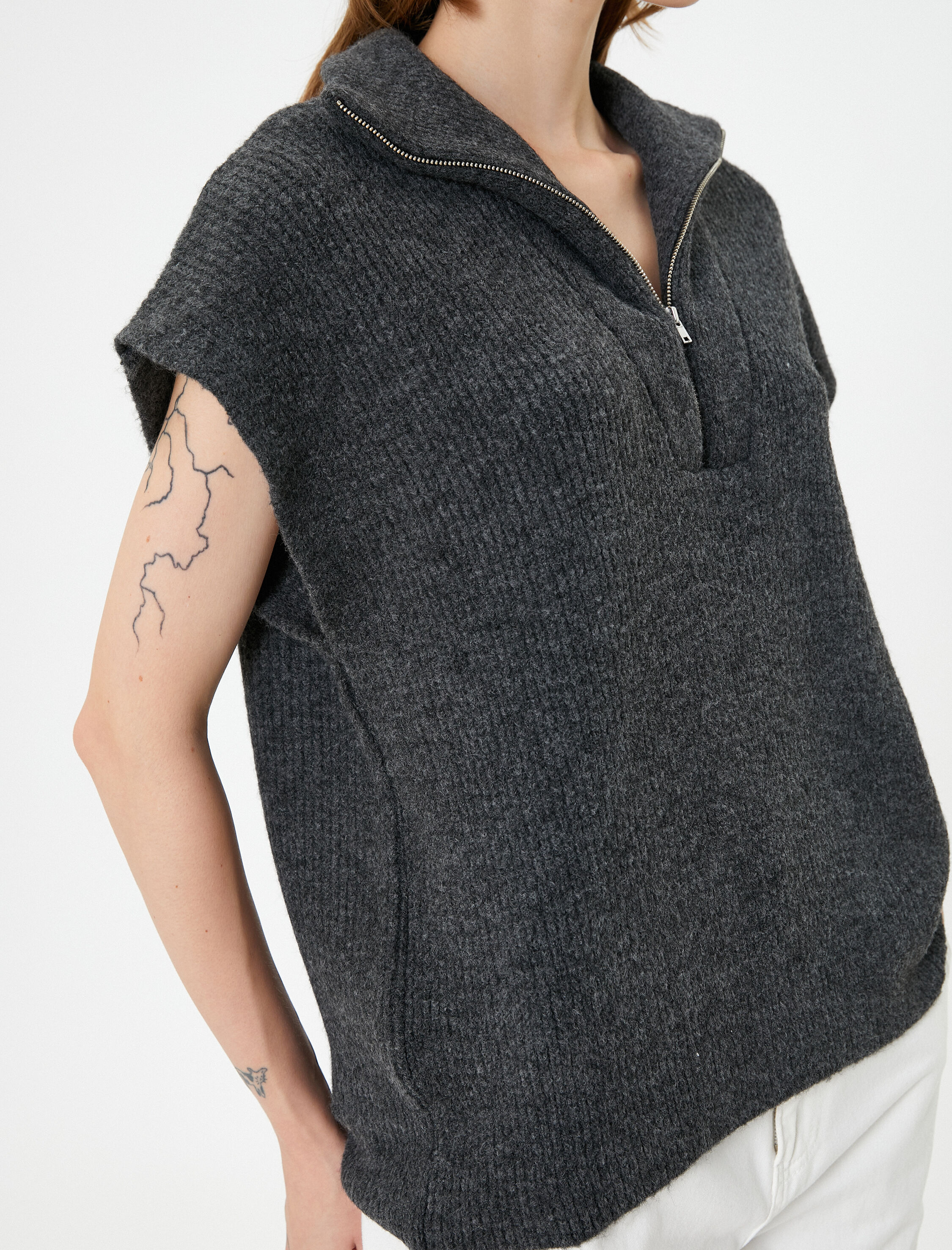   Örgü Süveter Yarım Fermuarlı Dik Yaka Ribanalı