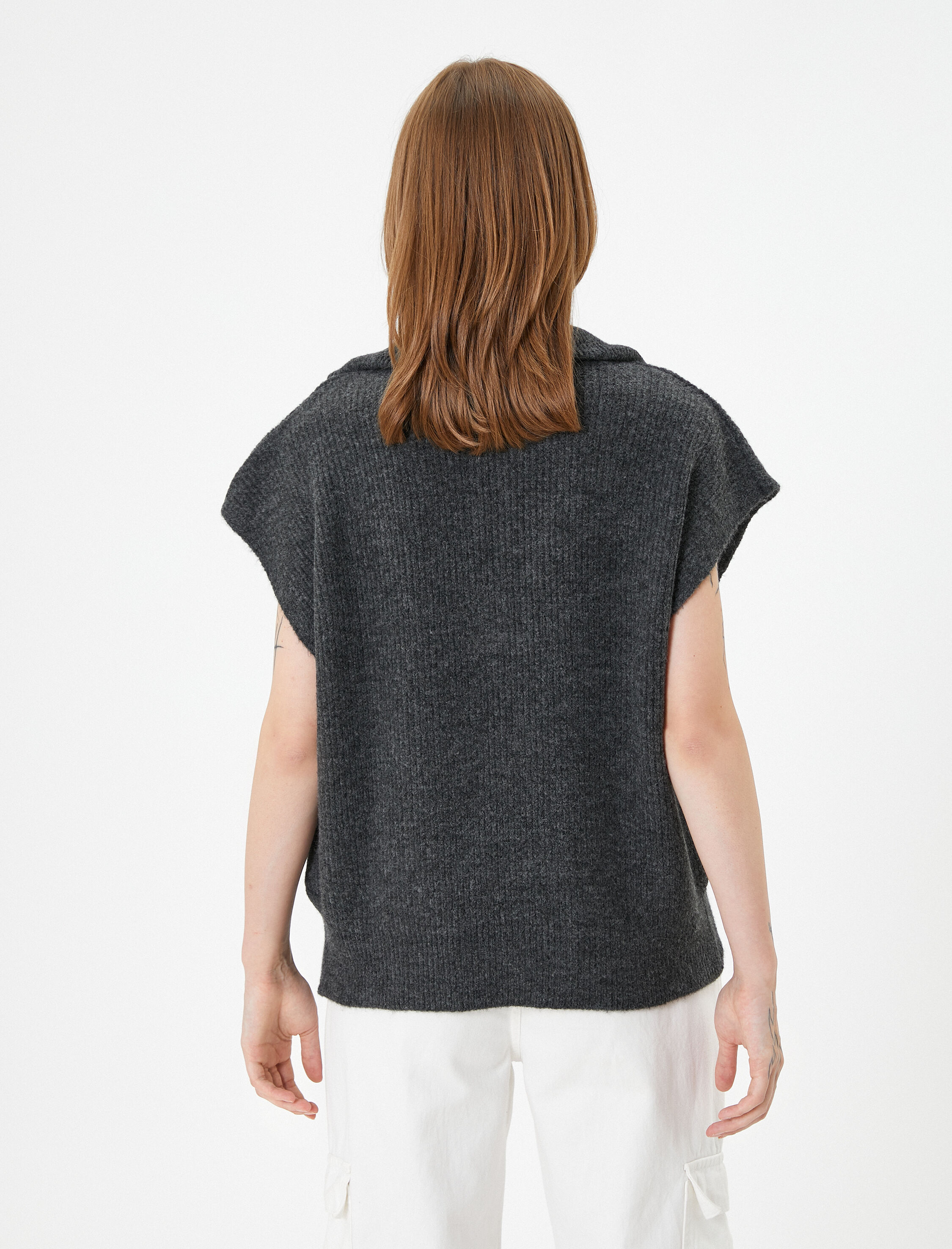   Örgü Süveter Yarım Fermuarlı Dik Yaka Ribanalı