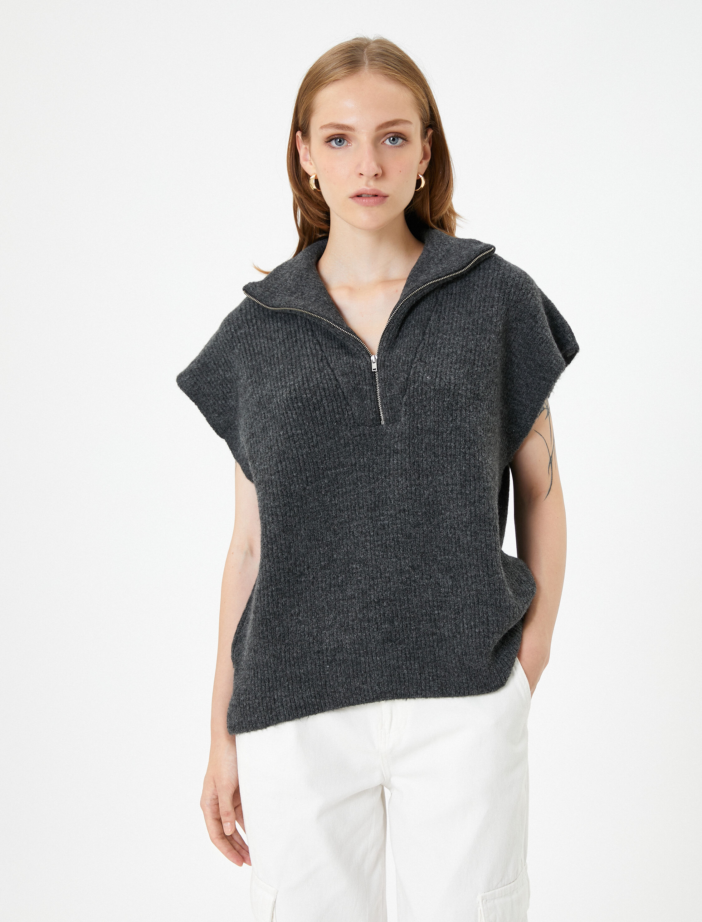   Örgü Süveter Yarım Fermuarlı Dik Yaka Ribanalı