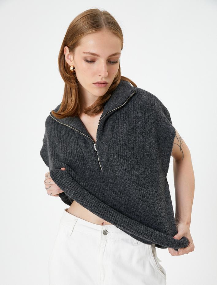  Örgü Süveter Yarım Fermuarlı Dik Yaka Ribanalı