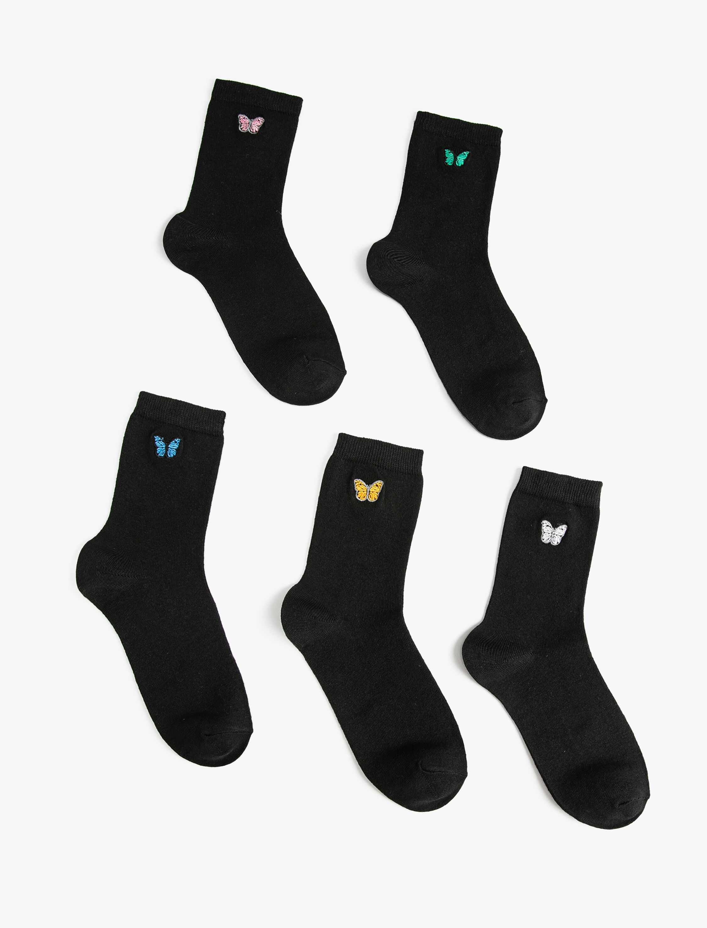  Kadın 5'li Soket Çorap Seti Kelebek İşlemeli