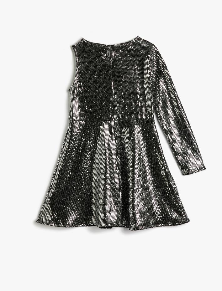 Kız Çocuk Pullu Payetli Elbise Tek Omuz Fırfır Detaylı