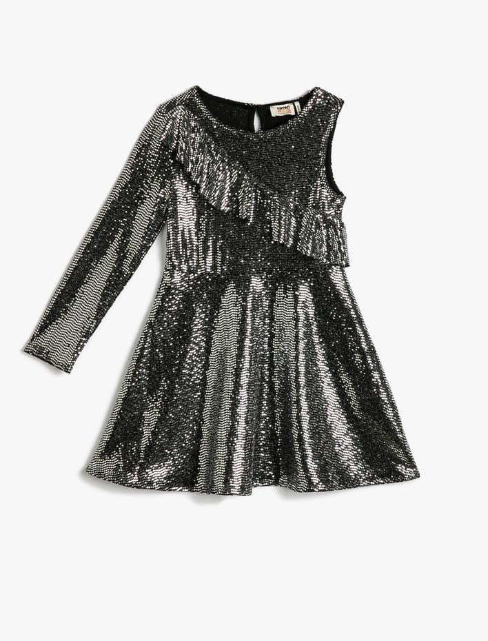 Kız Çocuk Pullu Payetli Elbise Tek Omuz Fırfır Detaylı