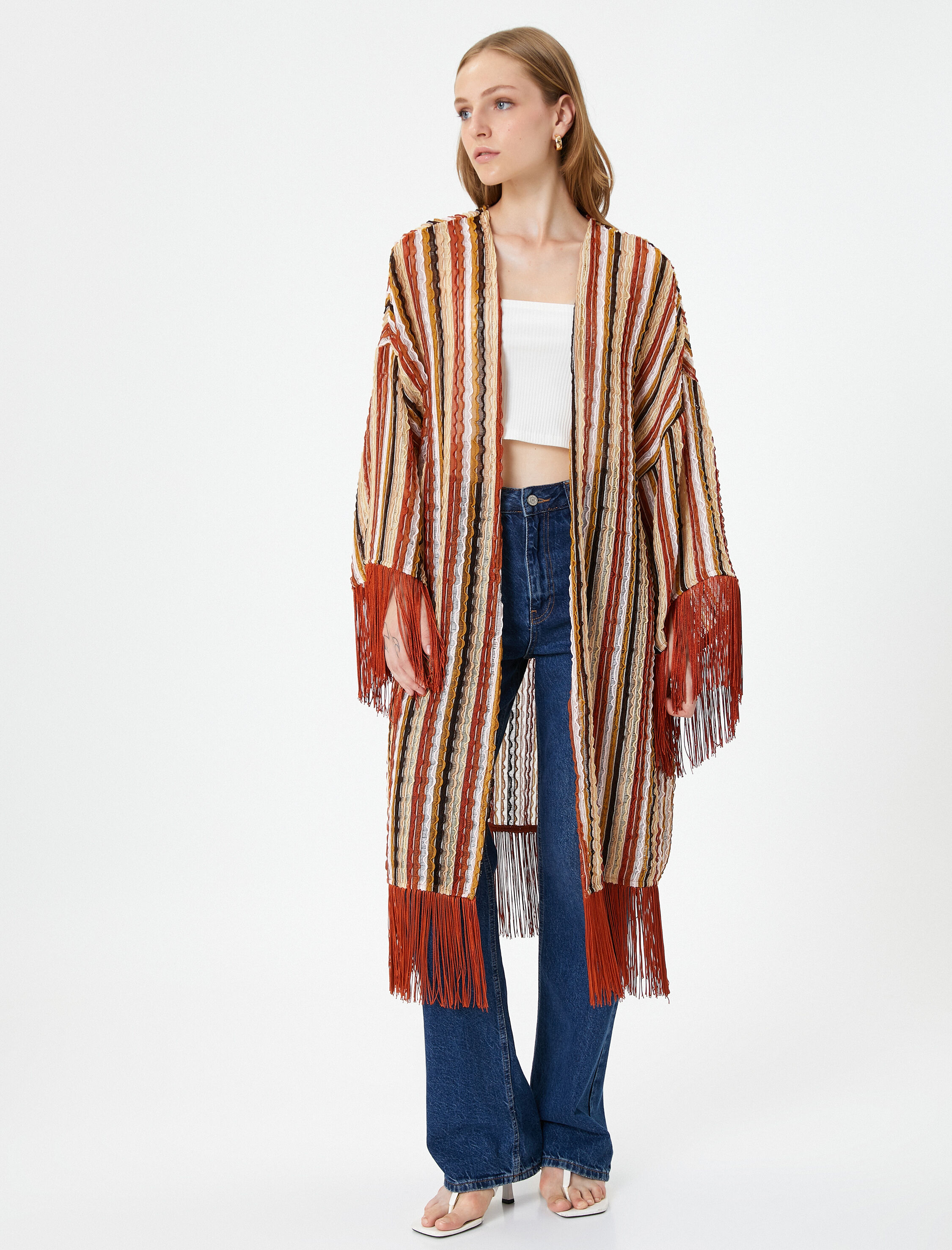   Oversize Kimono Püskül Detaylı Etnik Görünümlü