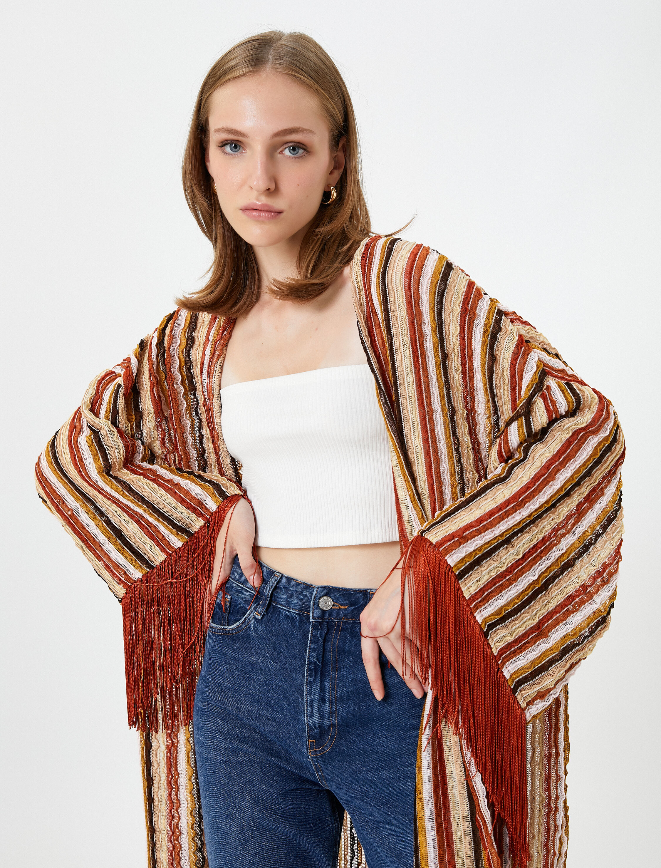   Oversize Kimono Püskül Detaylı Etnik Görünümlü