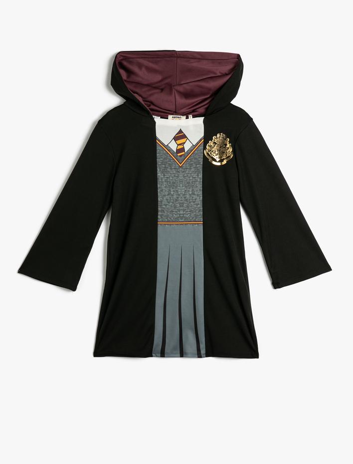Kız Çocuk Harry Potter Kostüm Elbise Lisanslı Kapşonlu Baskı Detaylı Uzun Kollu
