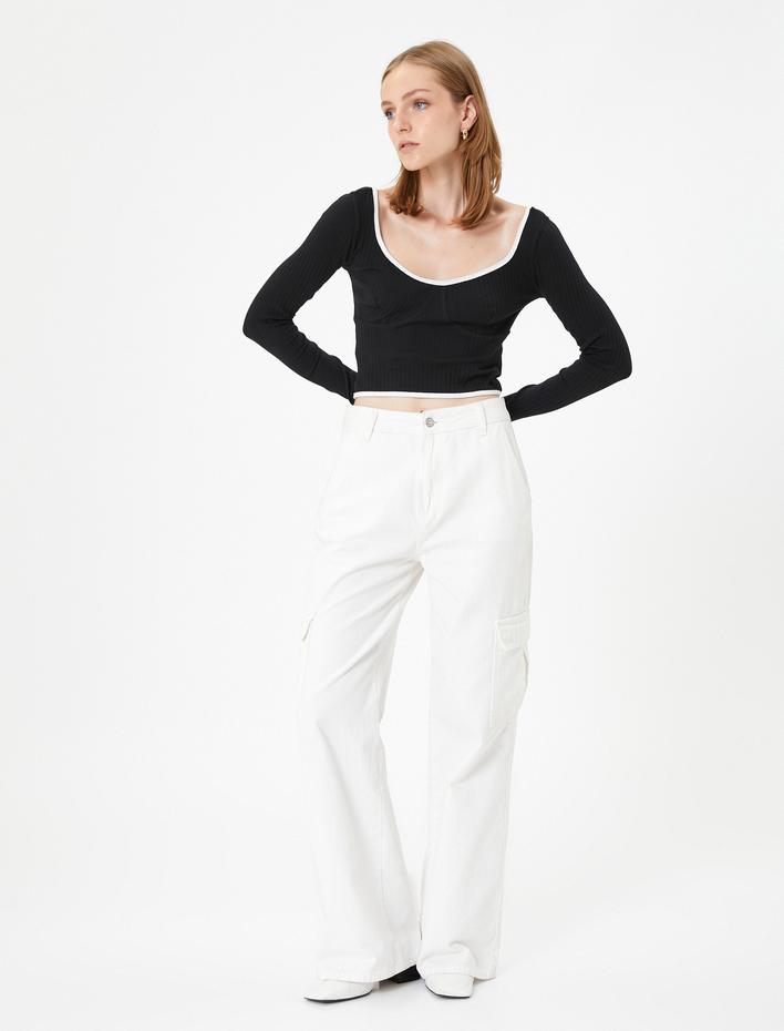  Crop Tişört Uzun Kollu U Yaka Biye Detaylı Fitilli