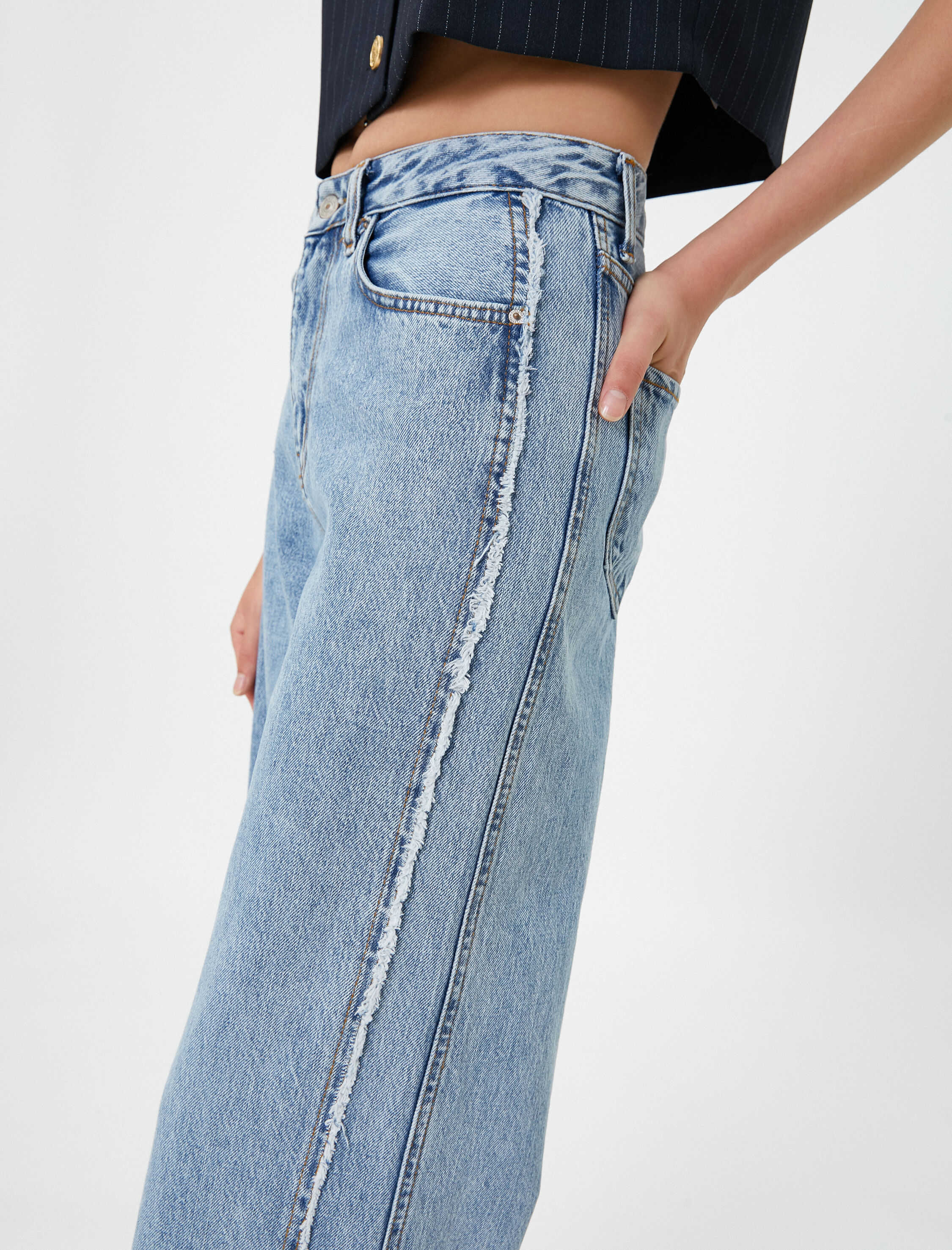   Ekstra Geniş Paça Kot Pantolon Normal Bel Pamuklu Cepli - Bianca Jean