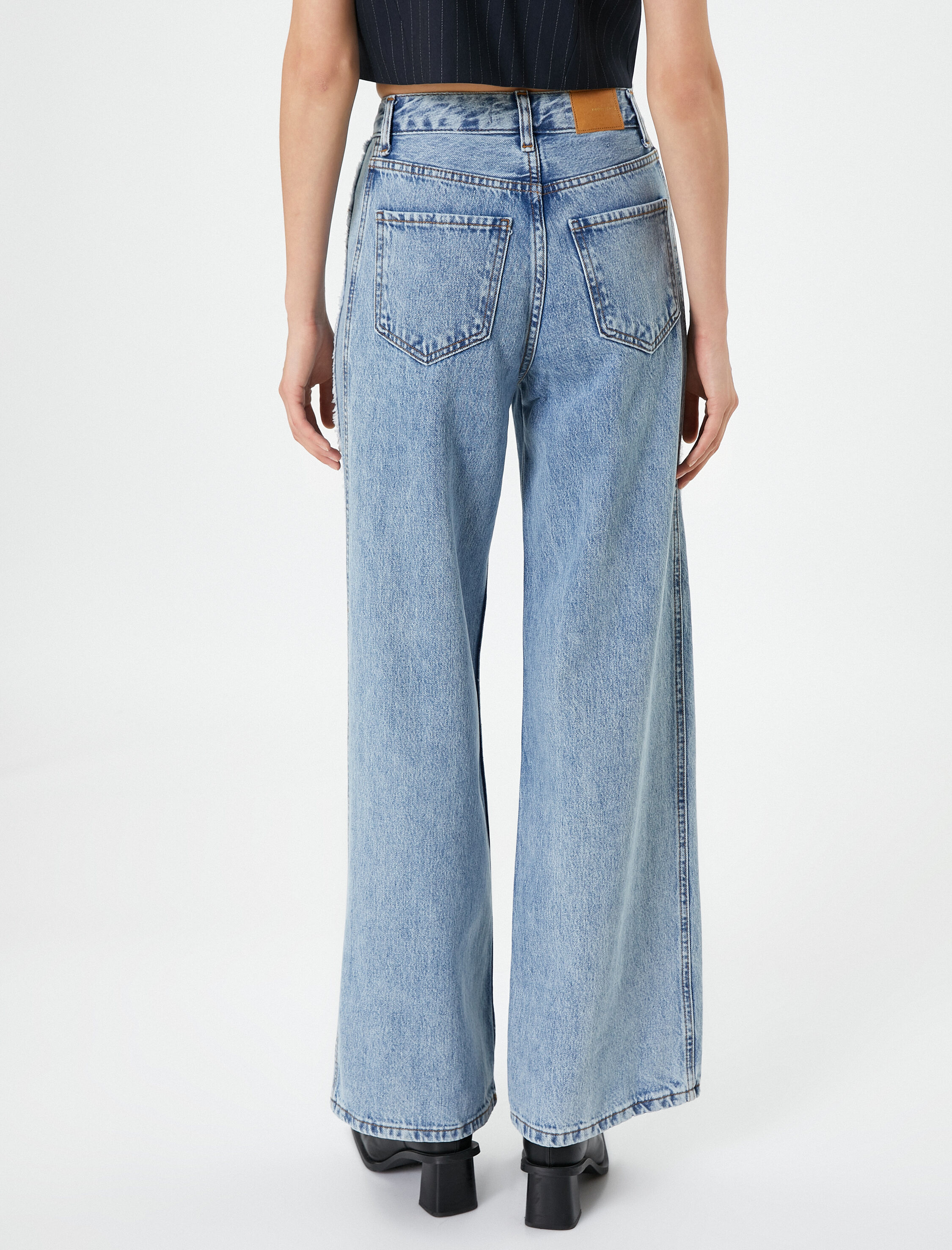   Ekstra Geniş Paça Kot Pantolon Normal Bel Pamuklu Cepli - Bianca Jean