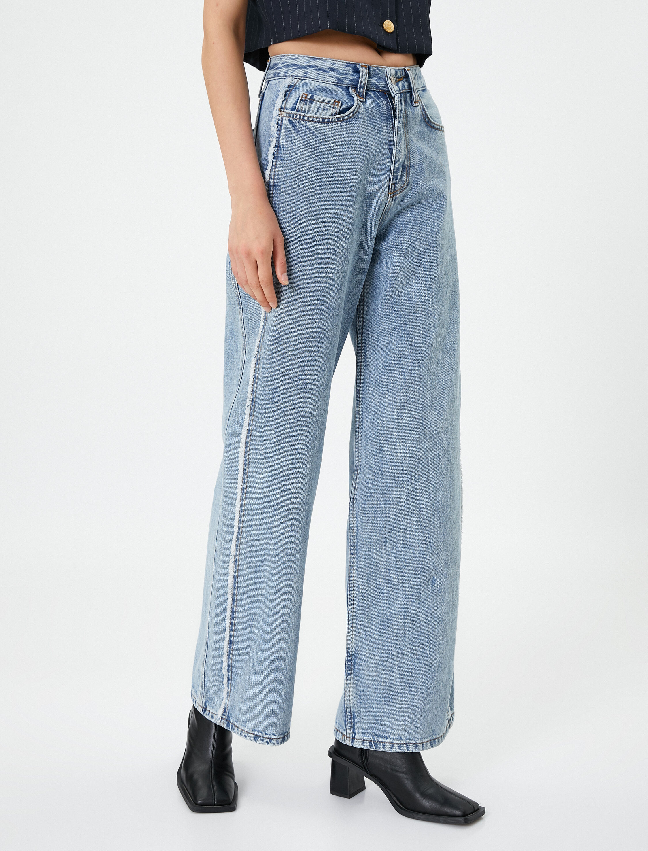   Ekstra Geniş Paça Kot Pantolon Normal Bel Pamuklu Cepli - Bianca Jean