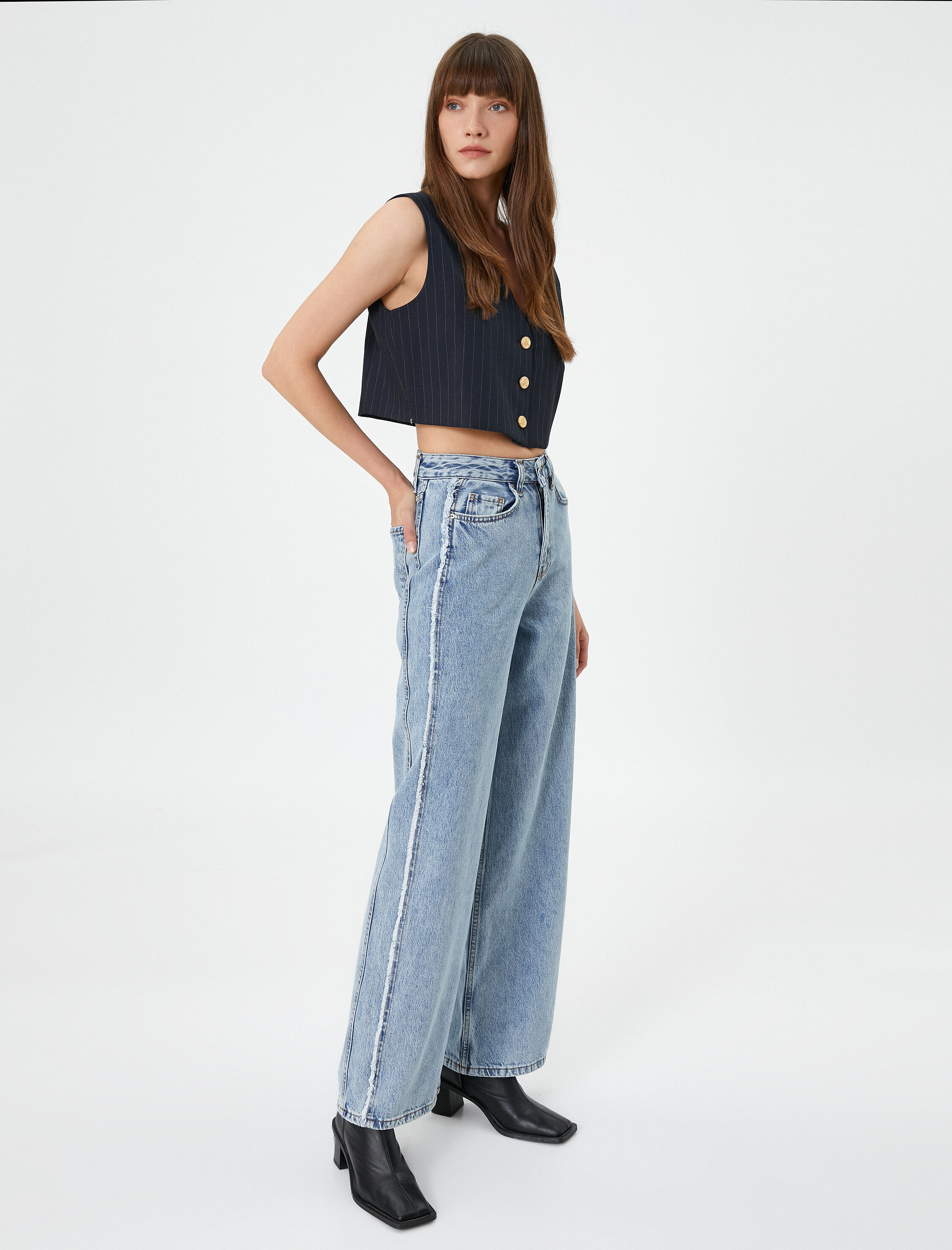   Ekstra Geniş Paça Kot Pantolon Normal Bel Pamuklu Cepli - Bianca Jean