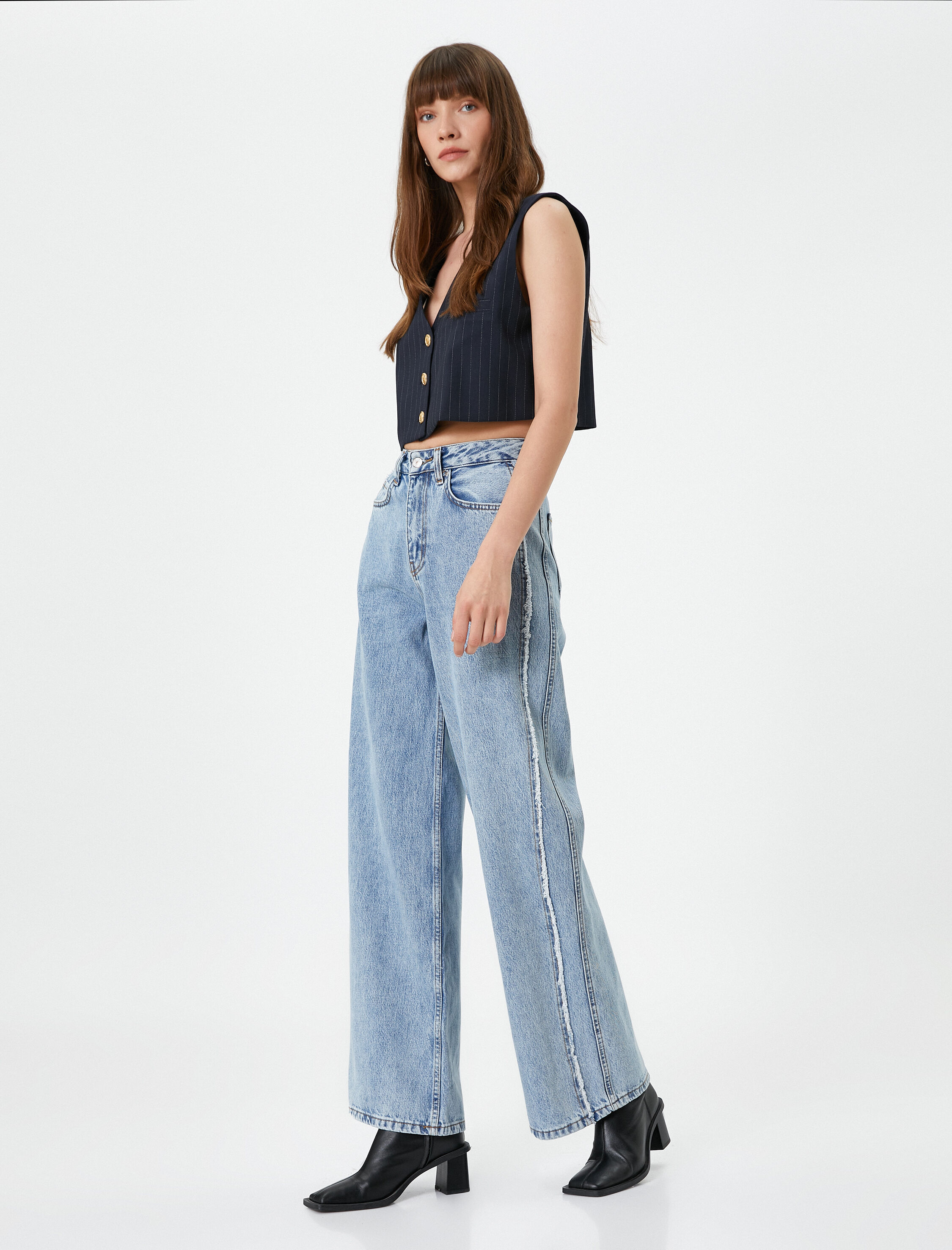   Ekstra Geniş Paça Kot Pantolon Normal Bel Pamuklu Cepli - Bianca Jean