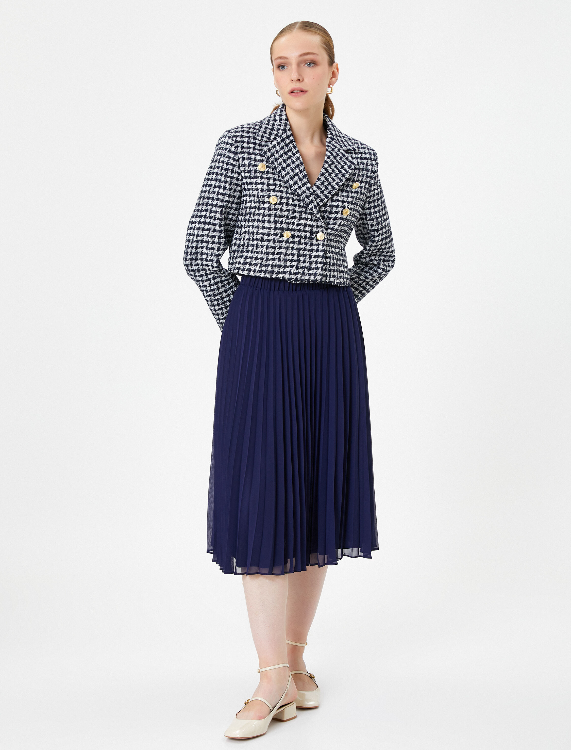   Midi Pileli Etek Lastikli Yüksek Bel Astarlı