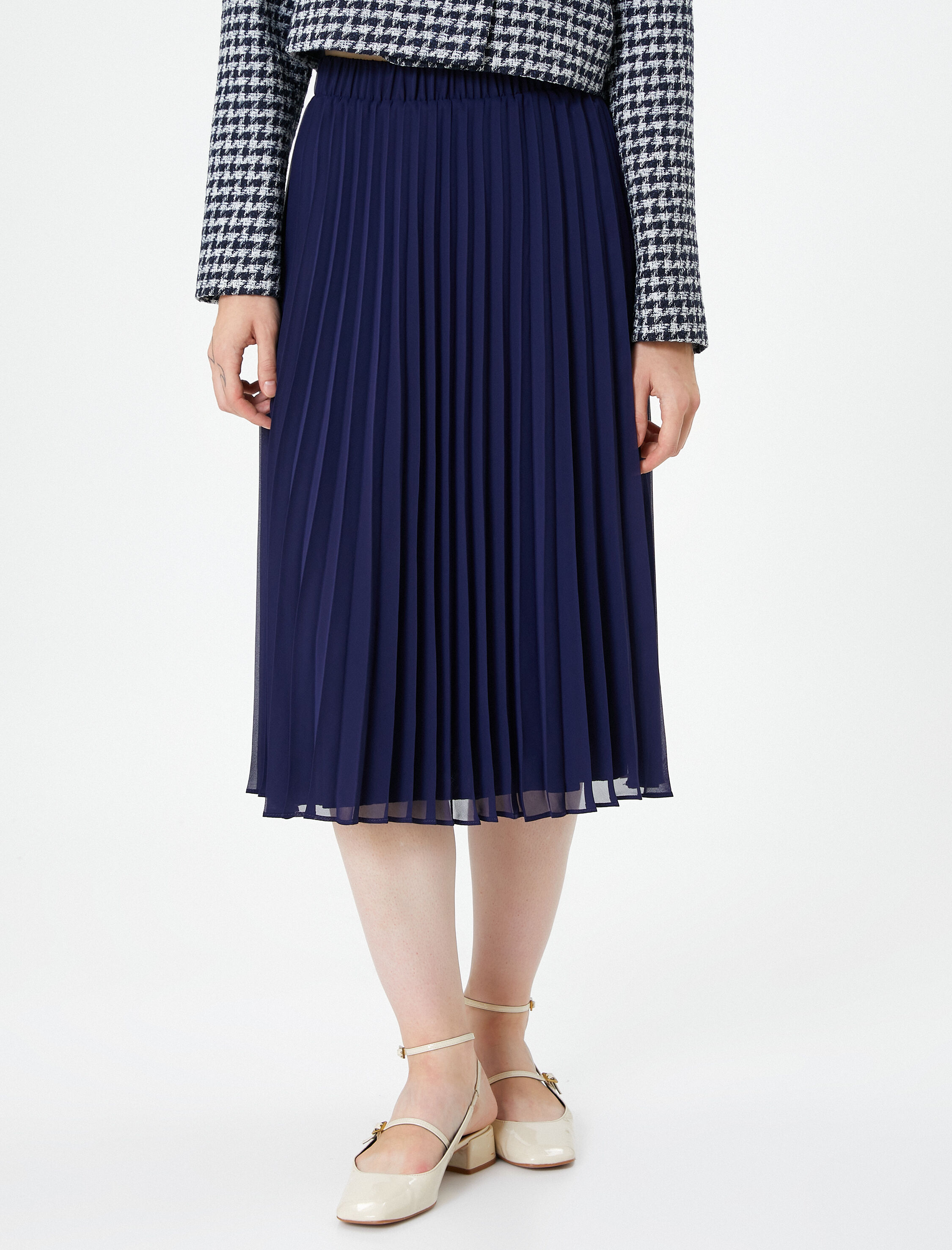   Midi Pileli Etek Lastikli Yüksek Bel Astarlı