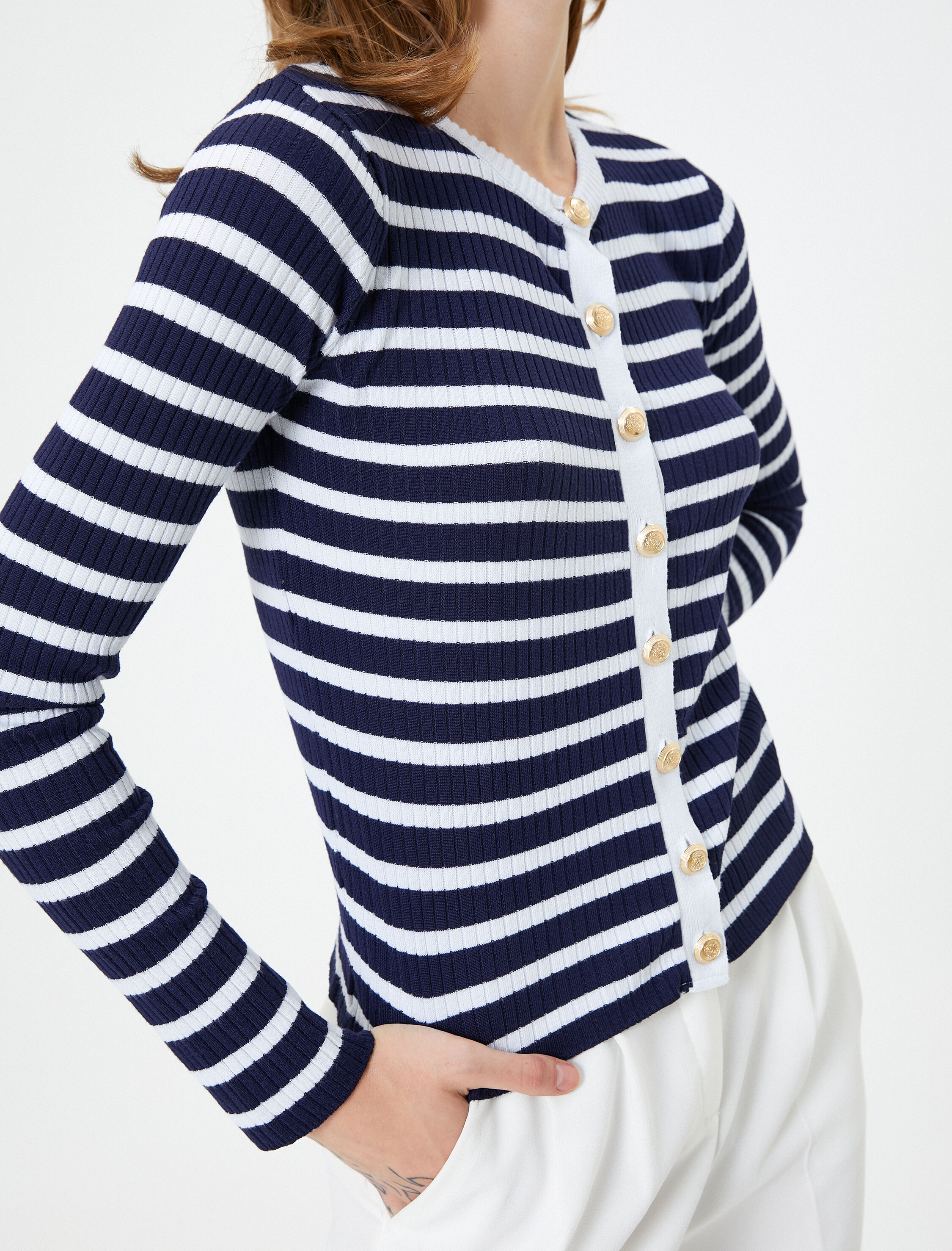   Triko Hırka Gold Düğmeli Fitilli Bisiklet Yaka