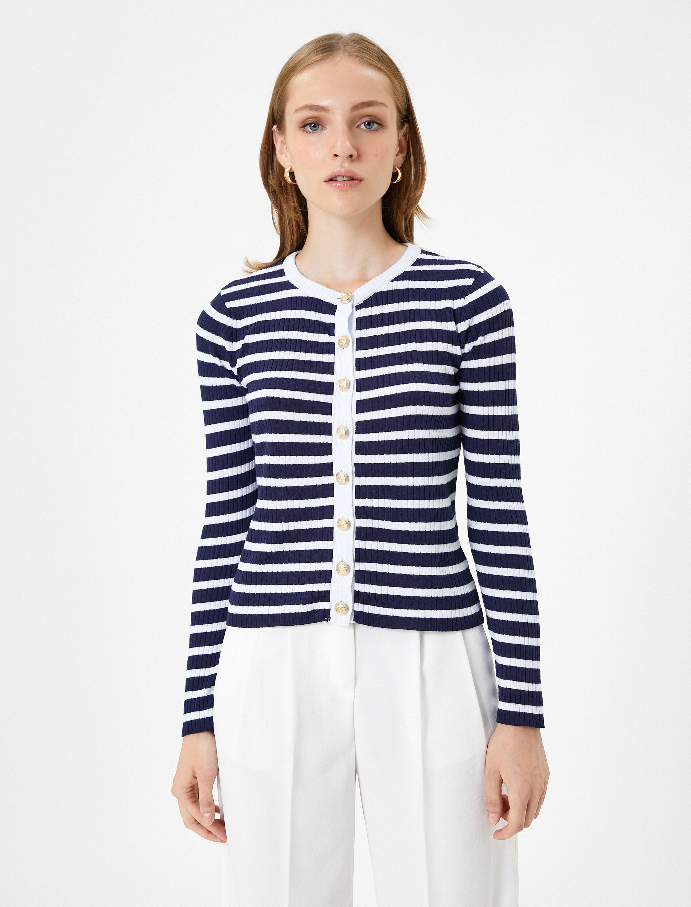   Triko Hırka Gold Düğmeli Fitilli Bisiklet Yaka