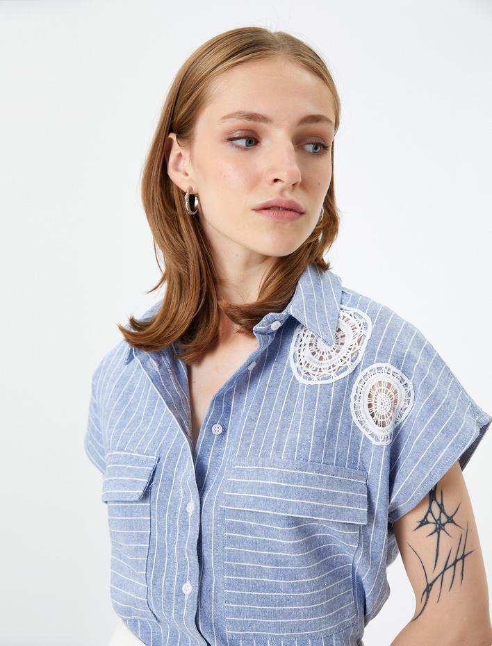  Keten Gömlek Kroşe Detaylı Kapaklı Cepli Düğmeli