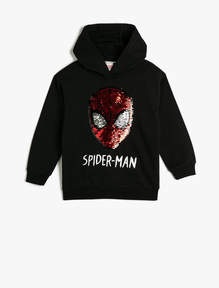 Erkek Çocuk Spiderman Kapşonlu Sweatshirt Lisanslı Uzun Kollu Pullu Payetli Şardonlu