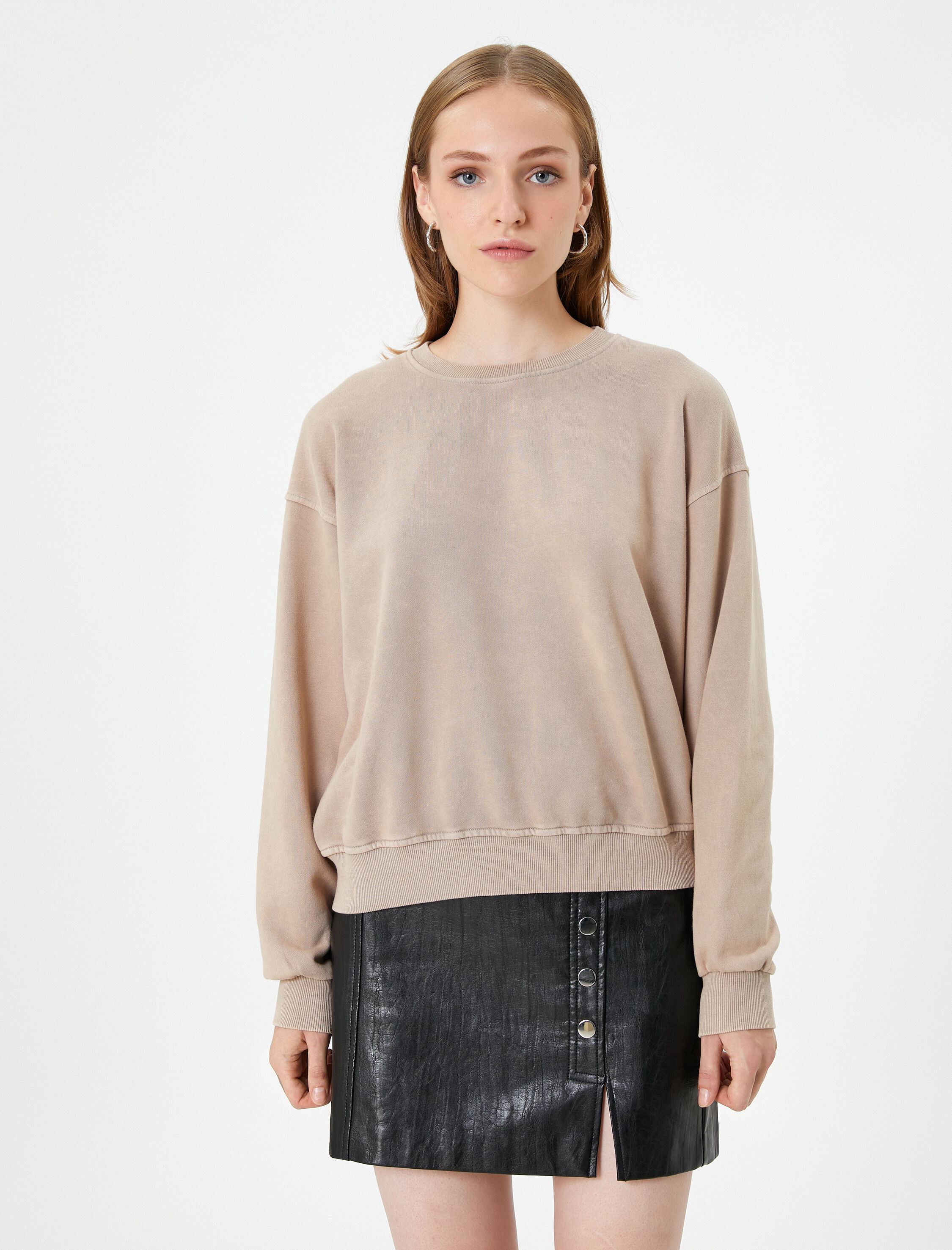   Bisiklet Yaka Sweatshirt Pamuklu Uzun Kollu Ribanalı