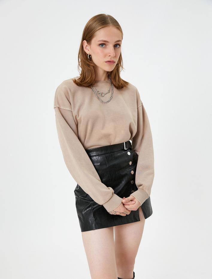  Bisiklet Yaka Sweatshirt Pamuklu Uzun Kollu Ribanalı