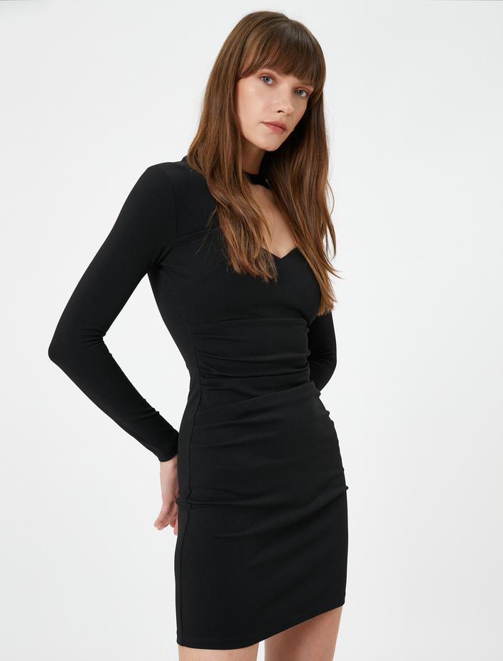  Mini Elbise Uzun Kollu Pencere Detaylı Dar Kesim