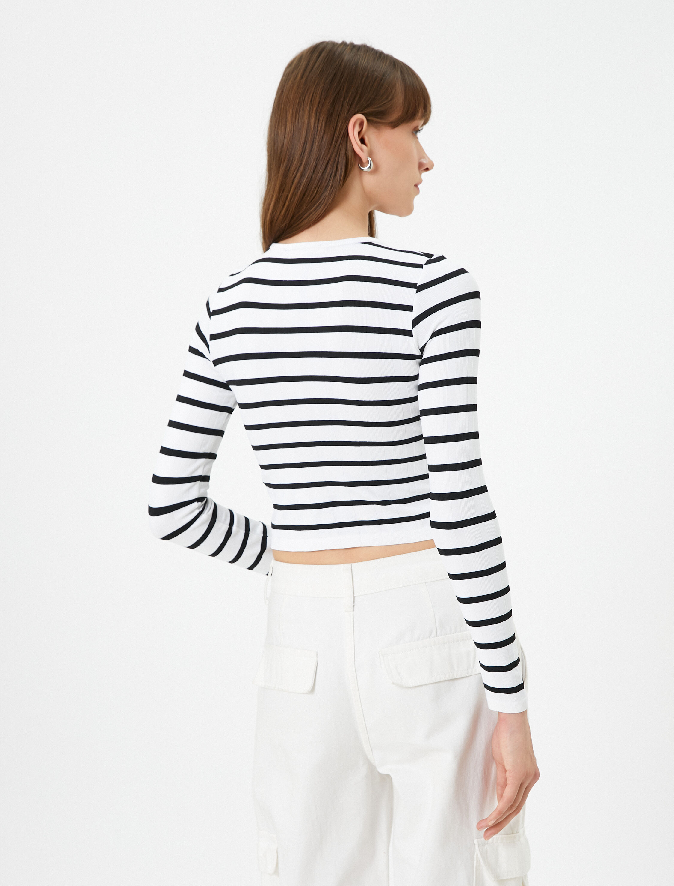   Crop Tişört Uzun Kollu Bisiklet Yaka Slim Fit