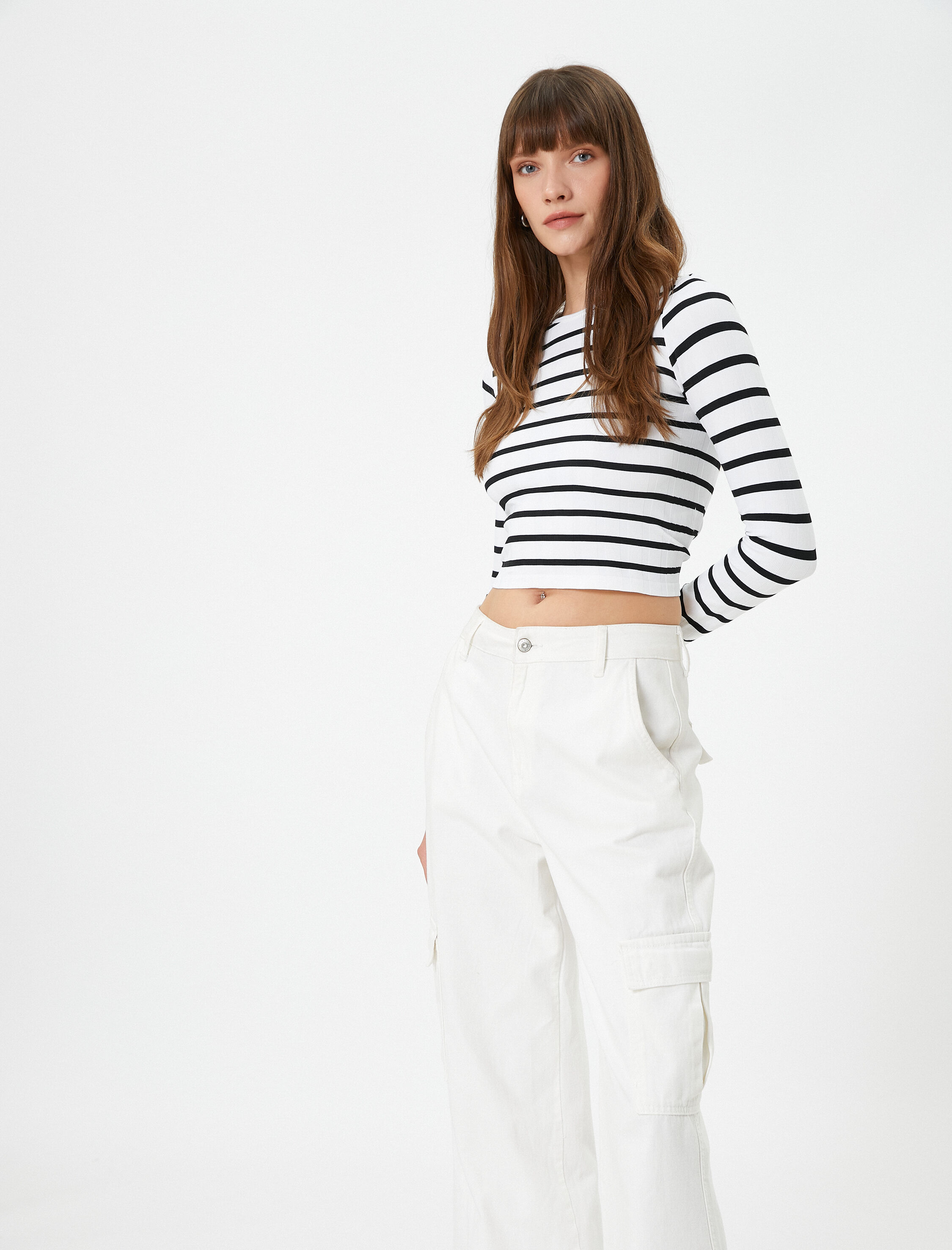   Crop Tişört Uzun Kollu Bisiklet Yaka Slim Fit