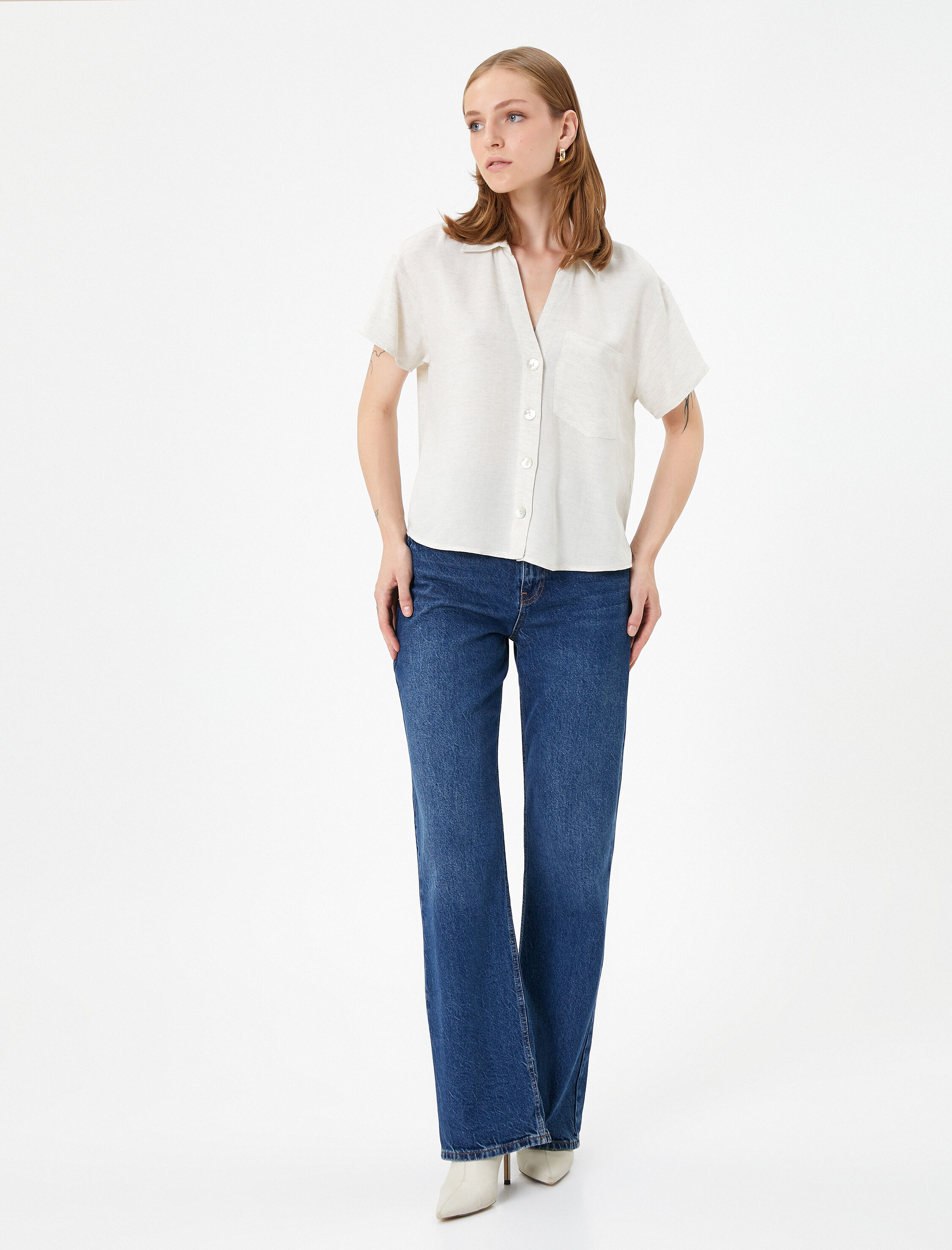   Kısa Kollu Gömlek Cepli Düğmeli Klasik Yaka Viskon Karışımlı