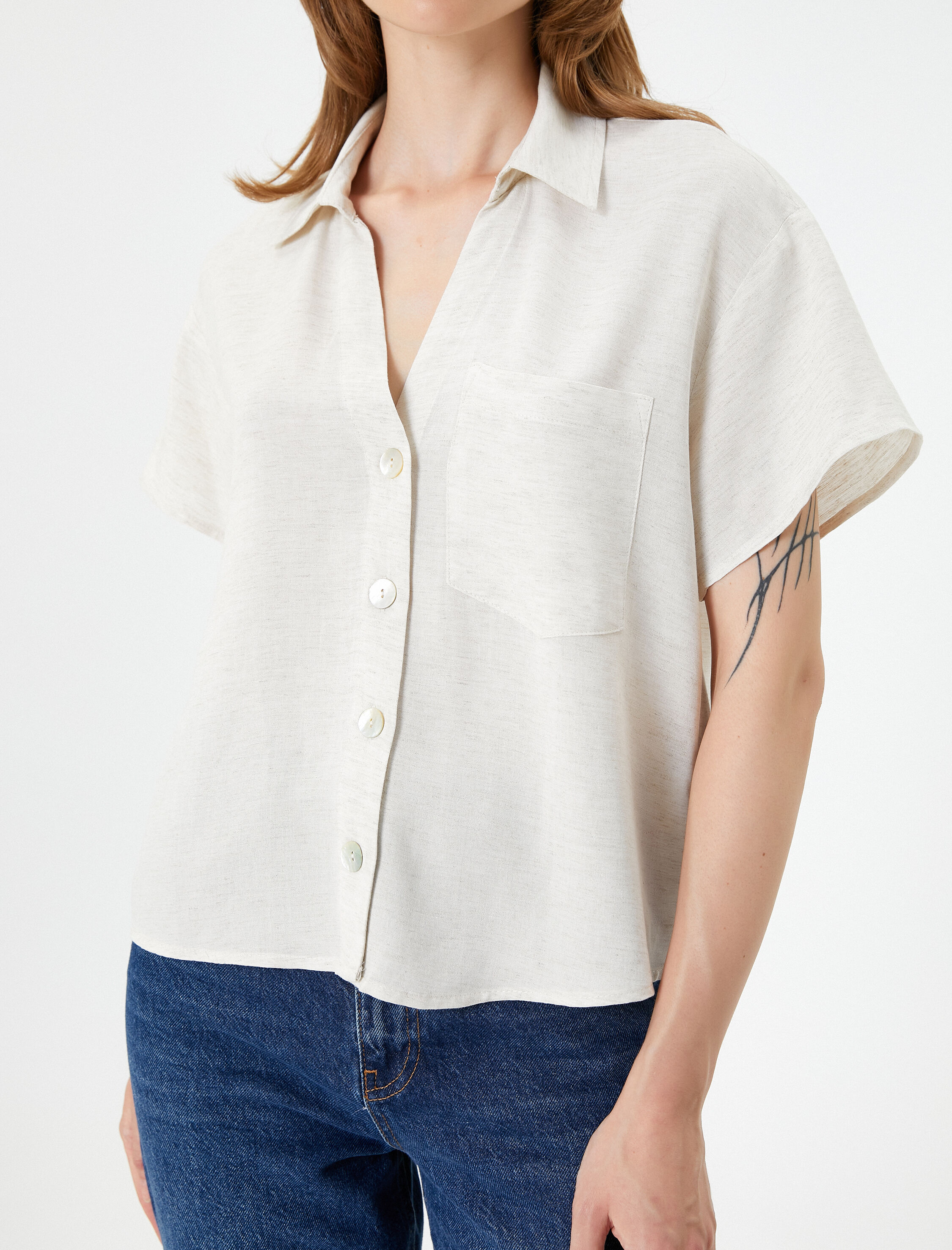   Kısa Kollu Gömlek Cepli Düğmeli Klasik Yaka Viskon Karışımlı