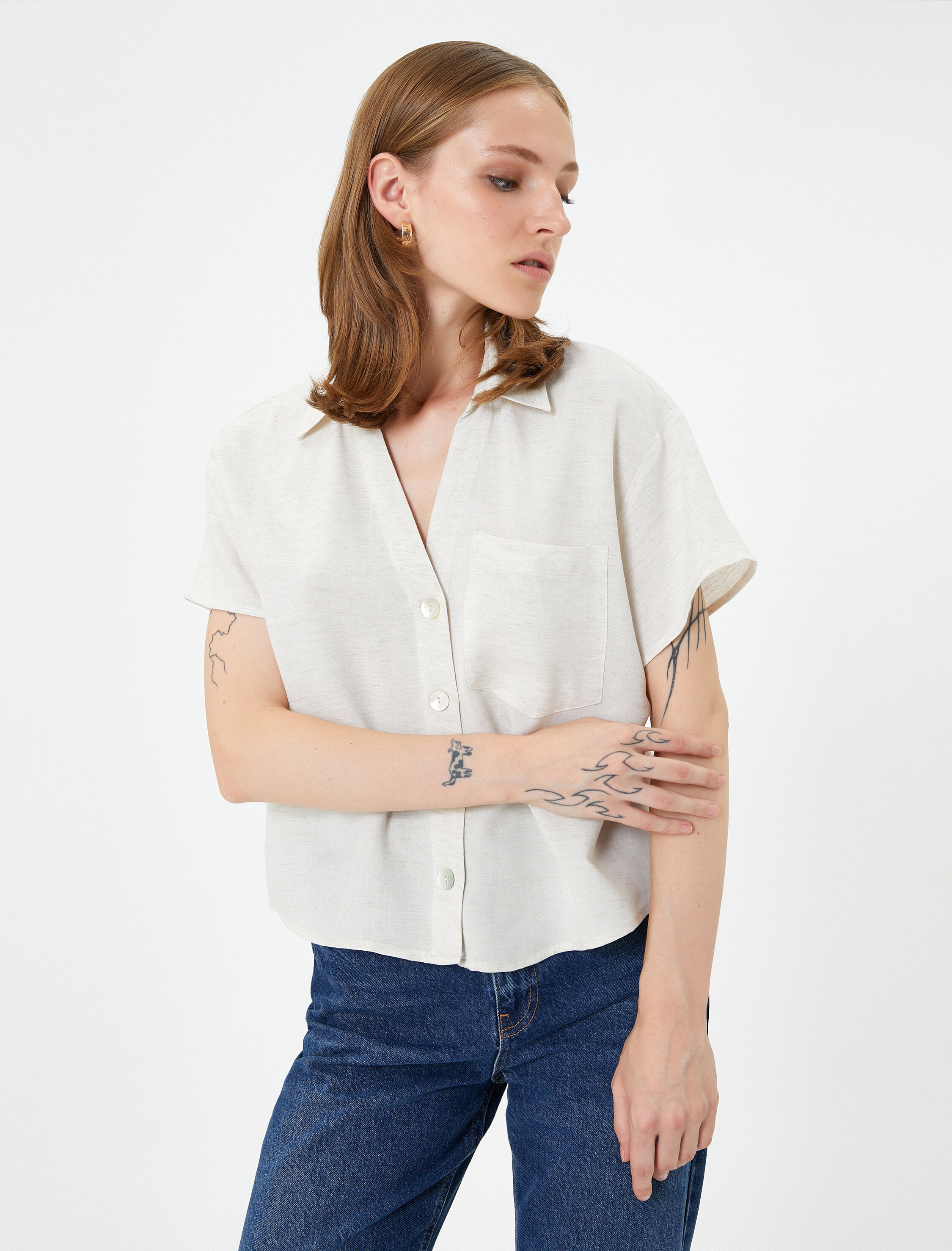   Kısa Kollu Gömlek Cepli Düğmeli Klasik Yaka Viskon Karışımlı