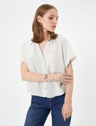 Kısa Kollu Gömlek Cepli Düğmeli Klasik Yaka Viskon Karışımlı