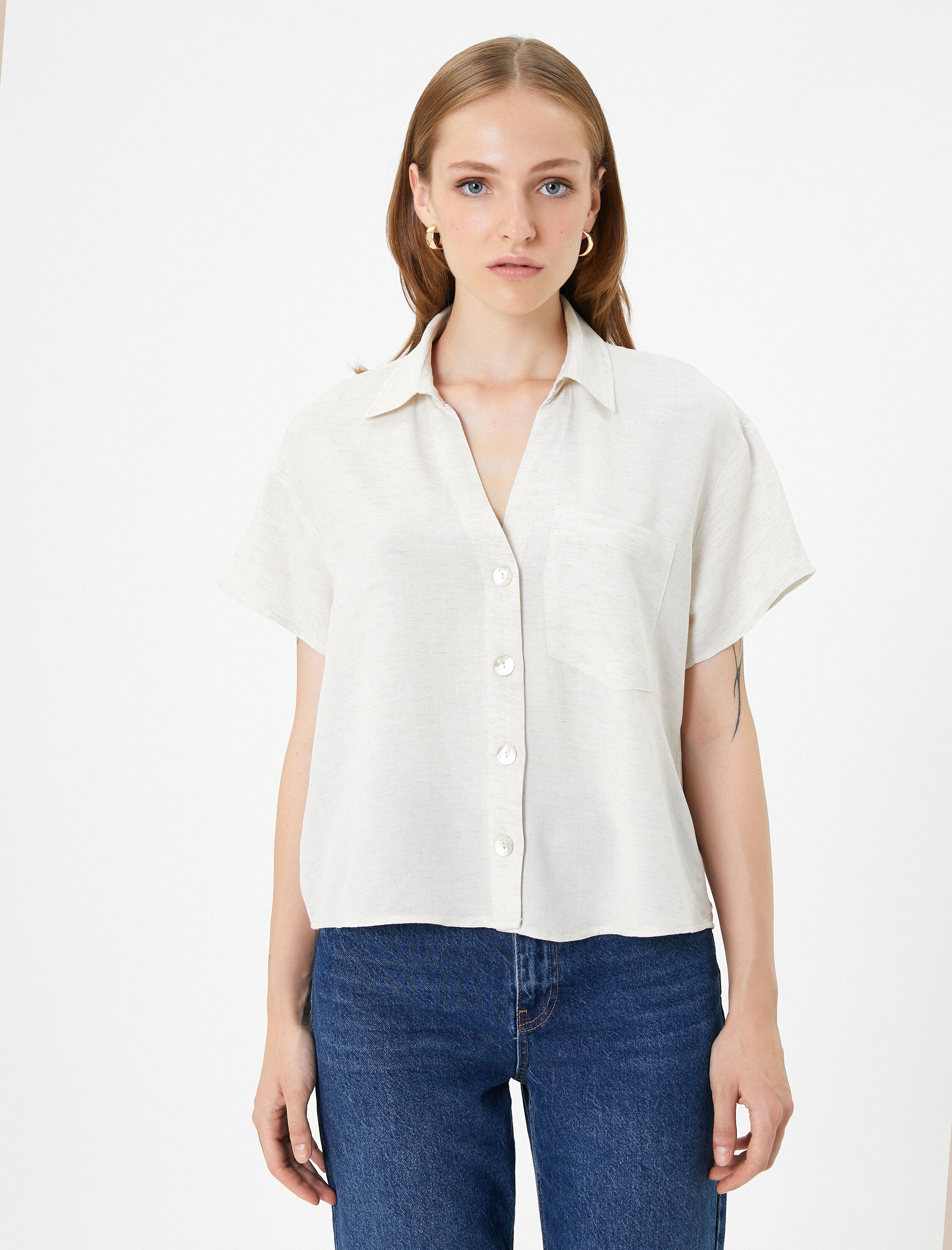   Kısa Kollu Gömlek Cepli Düğmeli Klasik Yaka Viskon Karışımlı